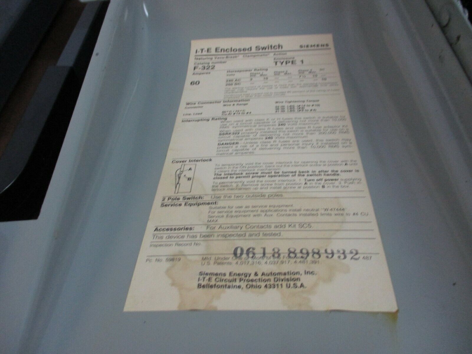 ITE Fusible Safety Switch/Disconnect F322 60A 240V w/Control Transformer Used