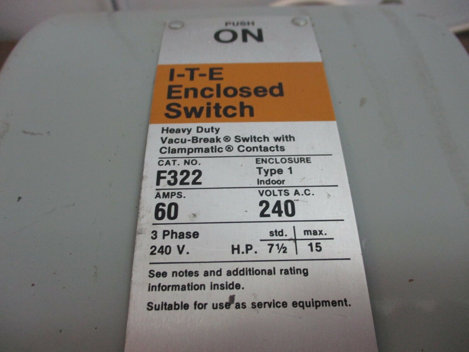 ITE Fusible Safety Switch/Disconnect F322 60A 240V w/Control Transformer Used