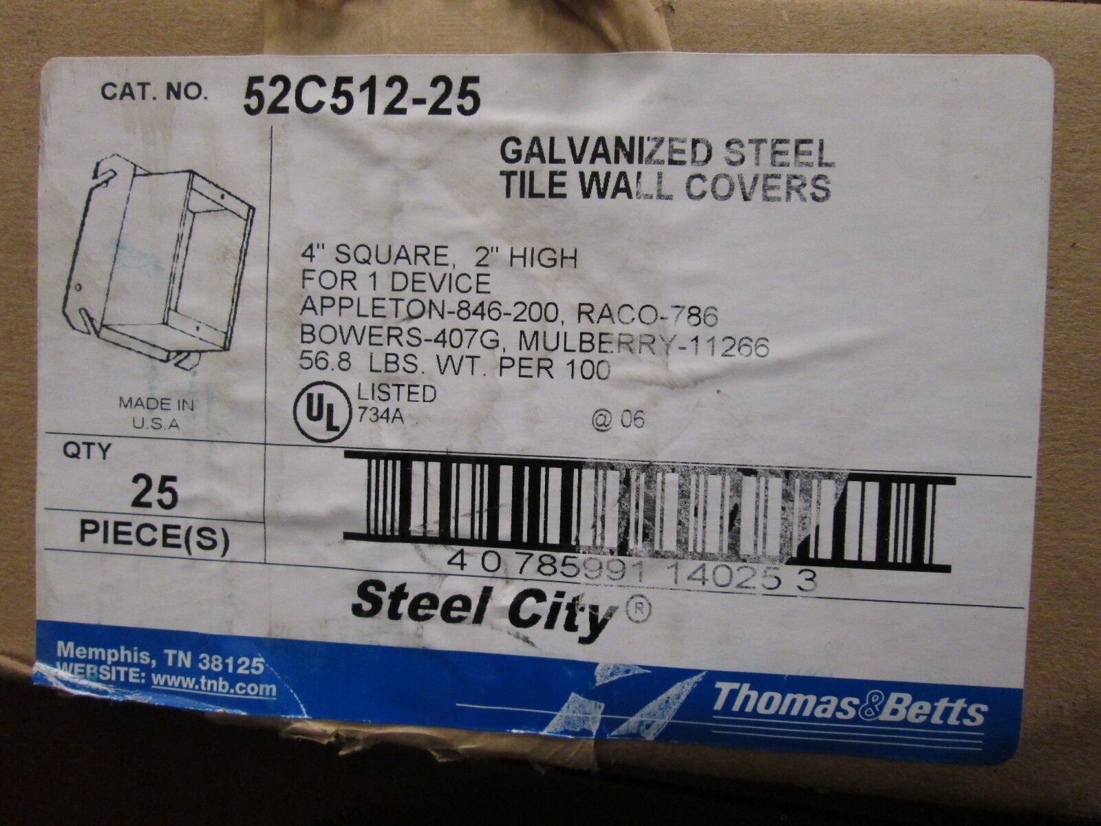 Thomas & Betts Wall Cover 52C512-25 4" Square 2" High Single Gang *Box of 25*