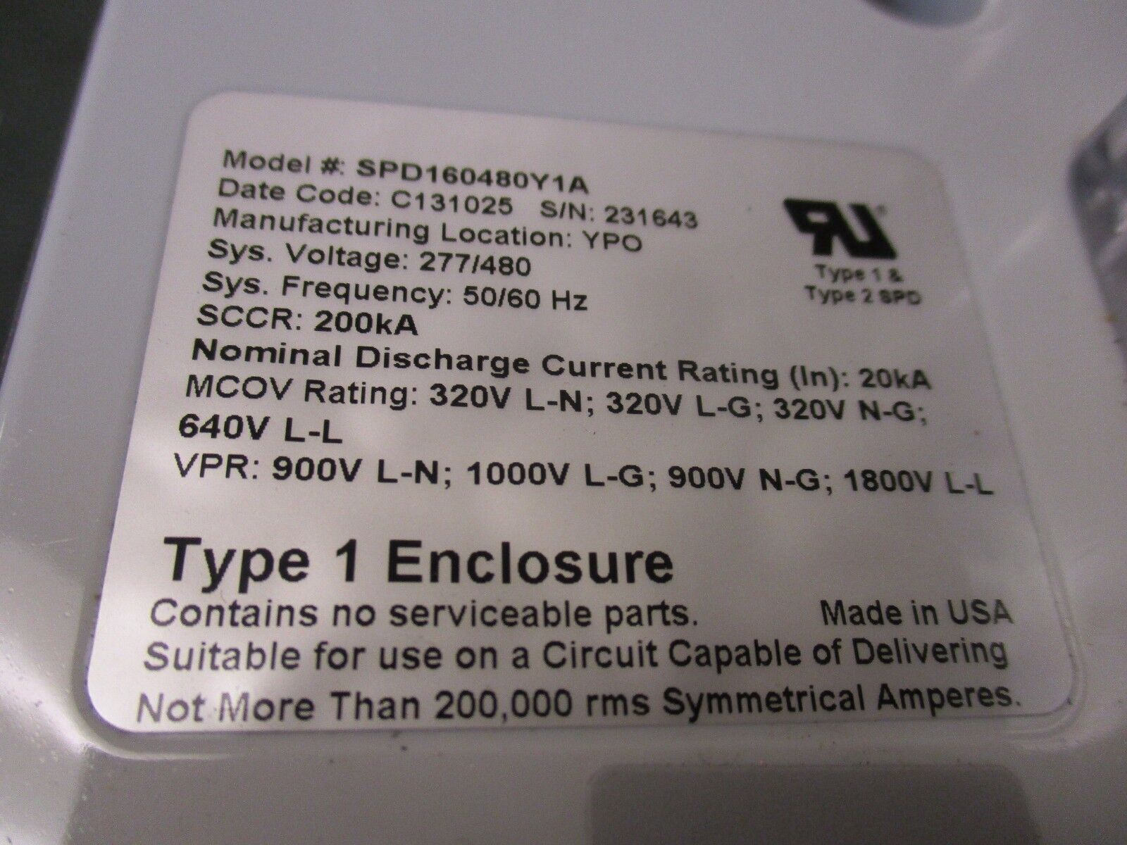 Eaton SPD Series Surge Protective Device SPD160480Y1A 277/480V Used