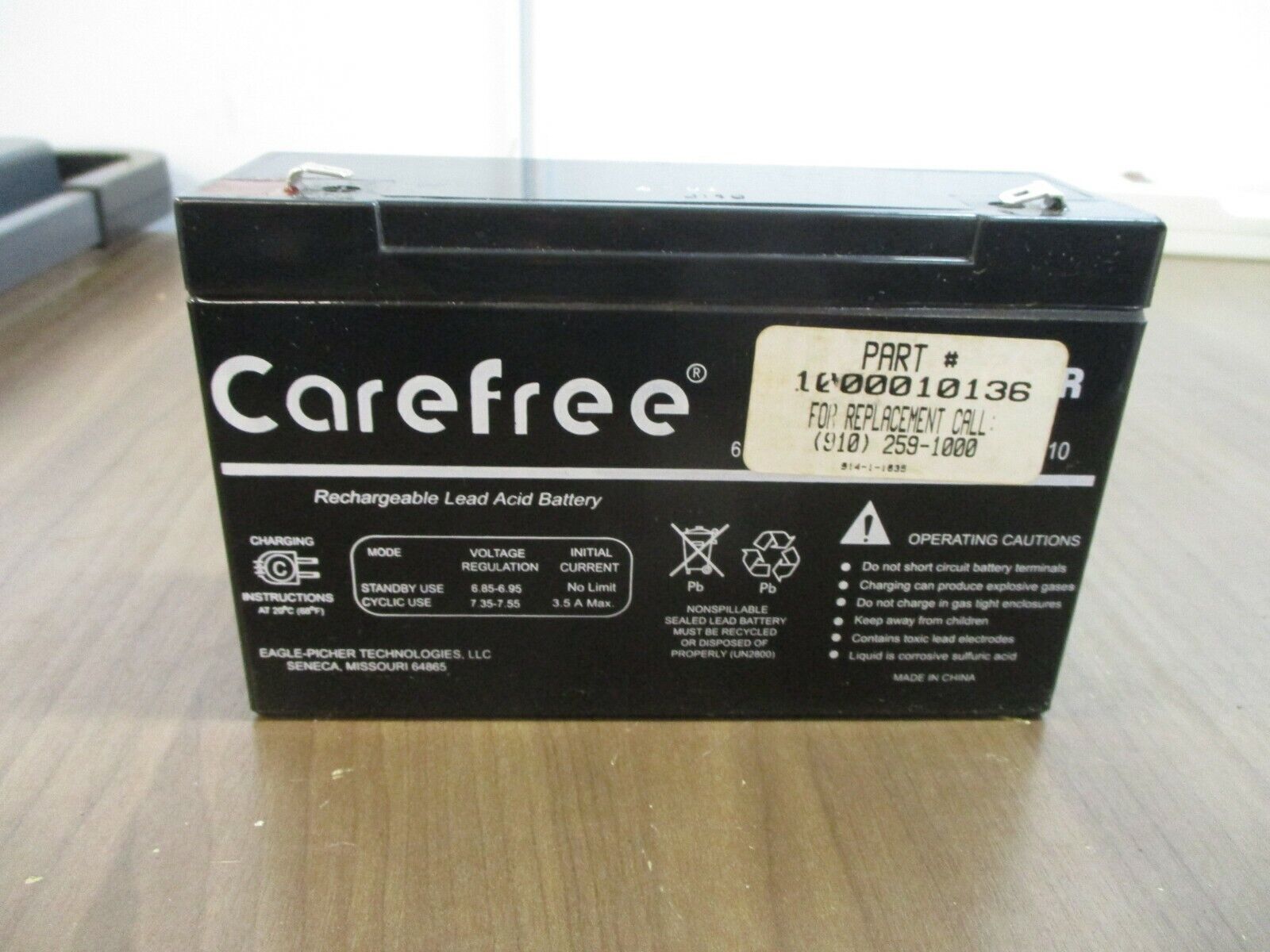 Eagle Picher Carefree Lead Acid Battery CF6V10 6V 10AH Used