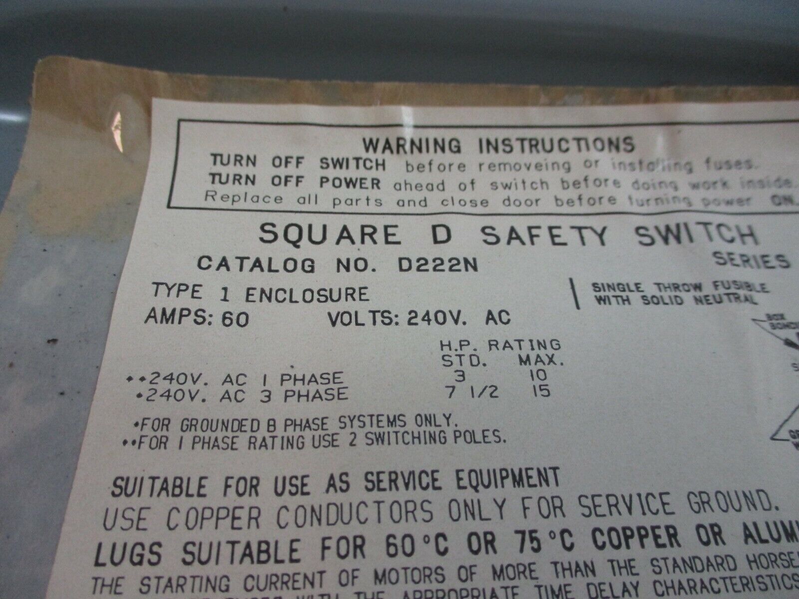 Square D Fusible Safety Switch D-222-N 60A 240V Used