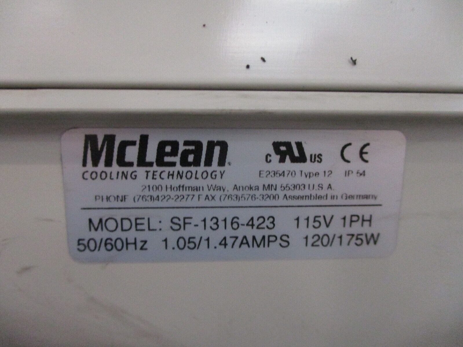 Mclean Fan Package SF-1316-423 115V 1Ph 50/60Hz 1.05 / 1.47A 120/175W Used