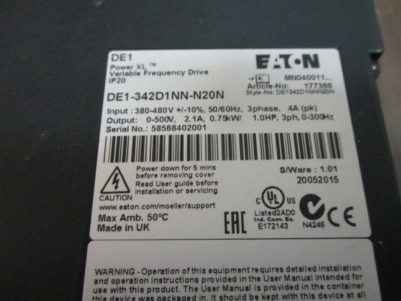 Eaton PowerXL AC Drive DE1-342D1NN-N20N 1HP 3Ph Used