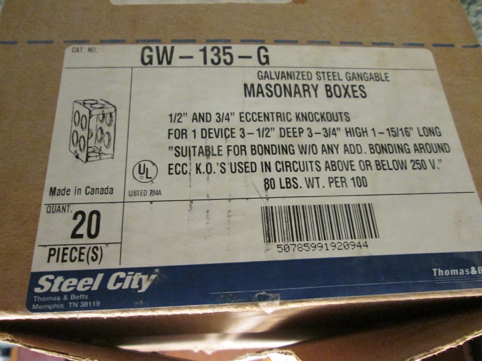 Thomas & Betts Outlet Box GW135G Box of 19 1 gang 3-1/2" deep 1/2" & 3/4" KOs