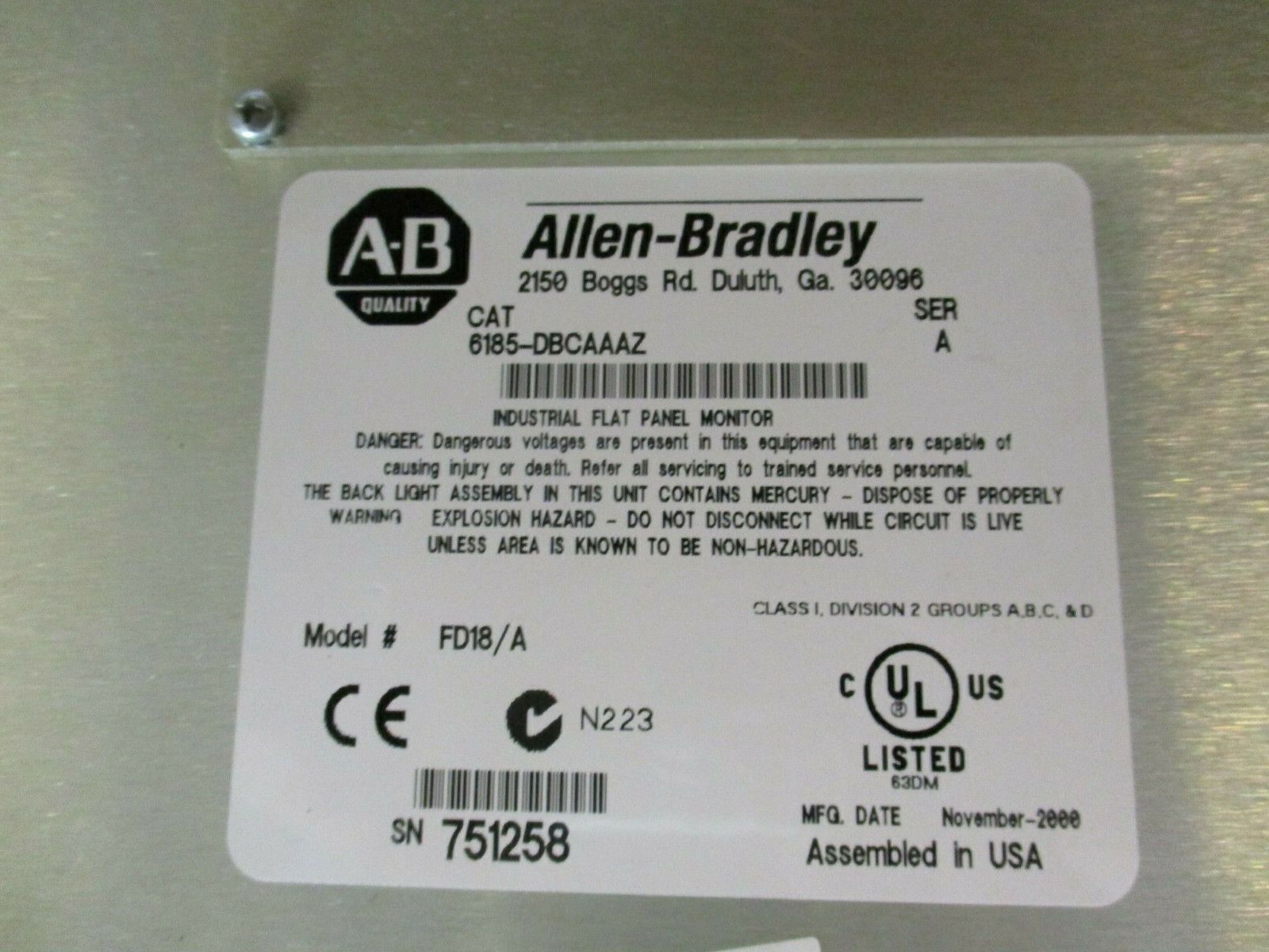 Allen-Bradley Industrial Flat Panel HMI 6185-DBCAAAZ Ser. A 100-120/200-240V