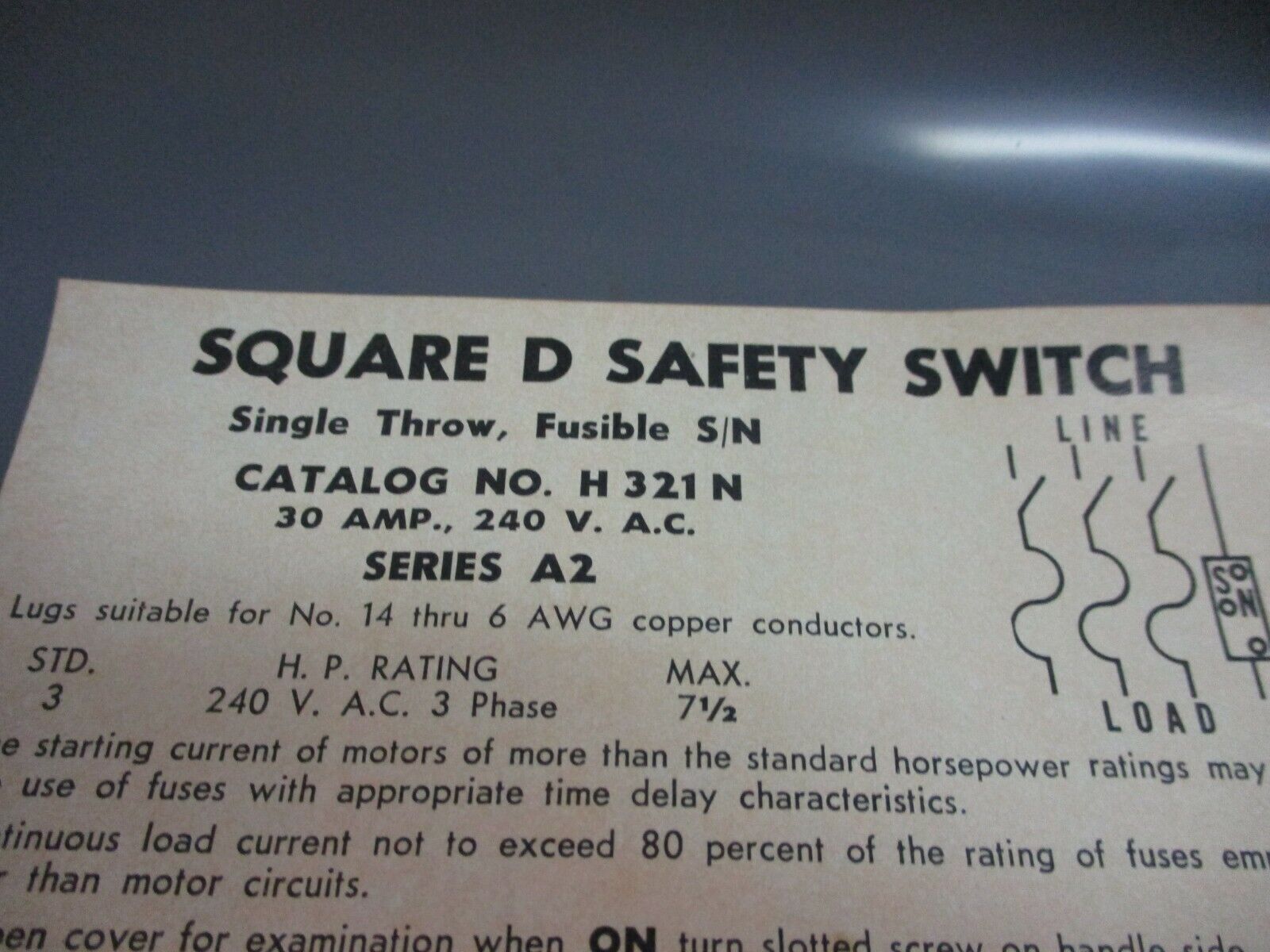 Square D Fusible Safety Switch/Disconnect H 321 N 30A 240V Used