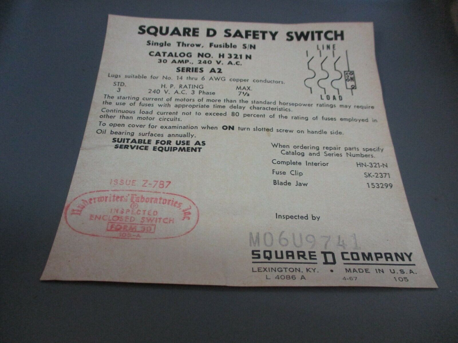 Square D Fusible Safety Switch/Disconnect H 321 N 30A 240V Used