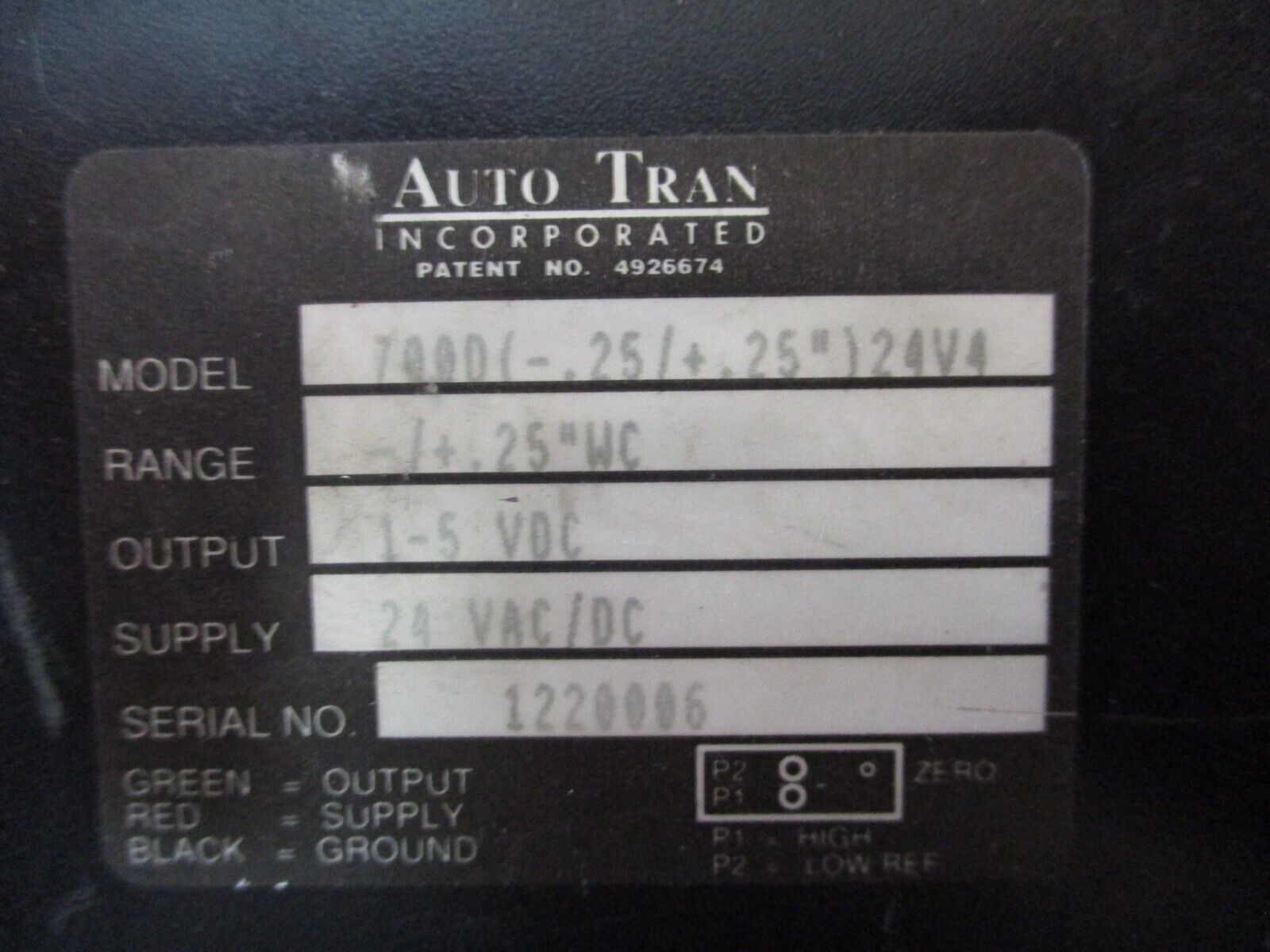 Auto Tran Pressure Transducer 700D(-.25/+.25")24V4 Range: -/+ 0.25"WC Used