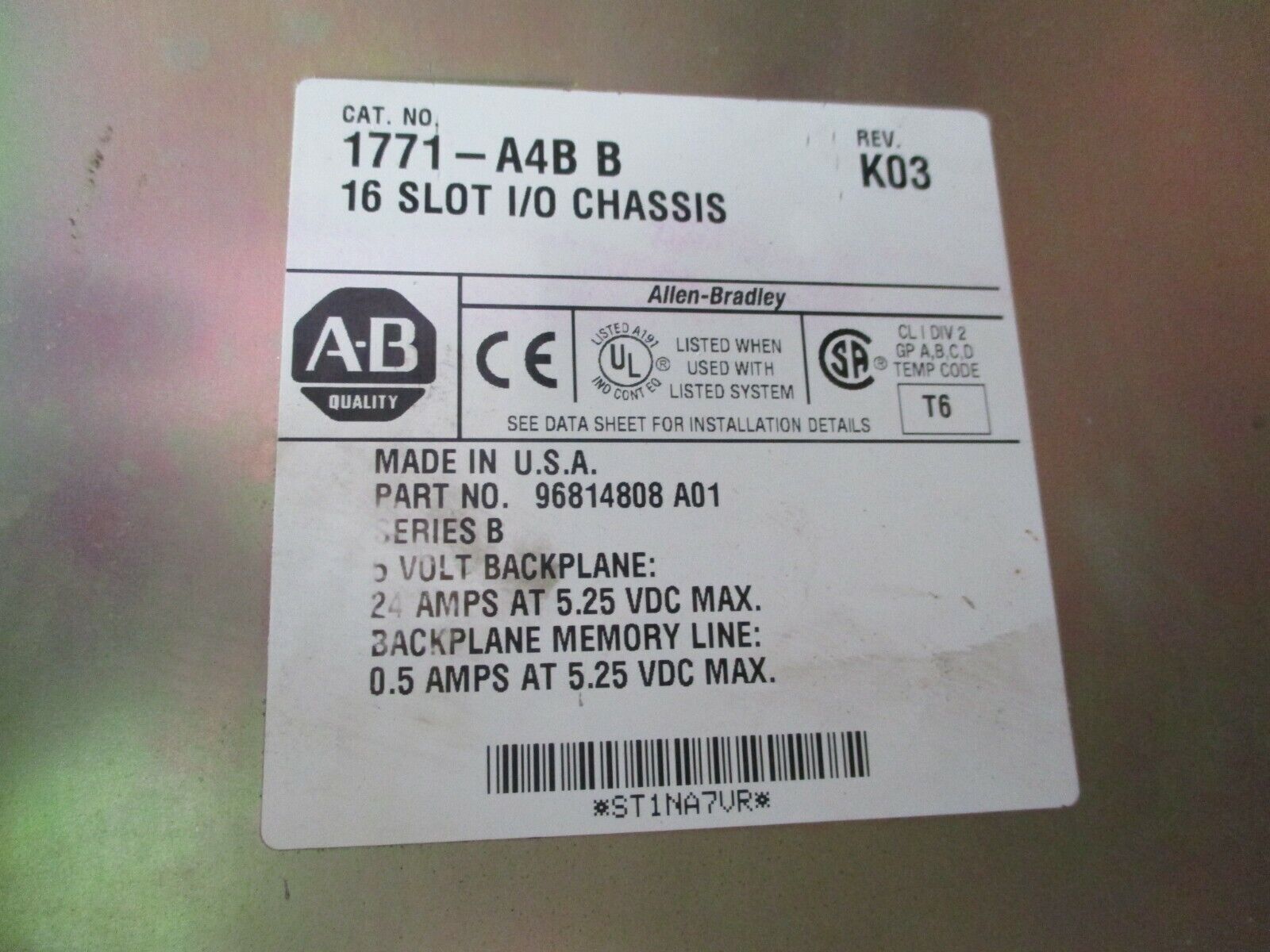 Allen-Bradley 16-Slot I/O Chassis 1771-A4B Ser. B Rev. K03 Used