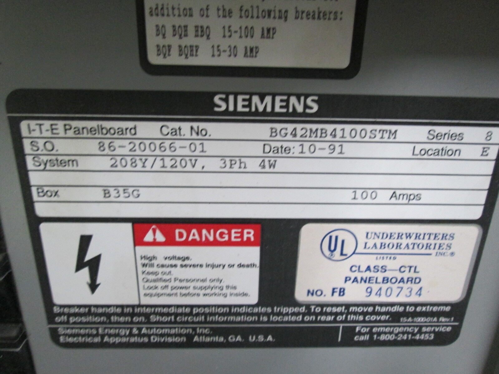 Siemens Main Breaker Circuit Breaker Panel BG42MB4100STM 100A Max 100A Main Used