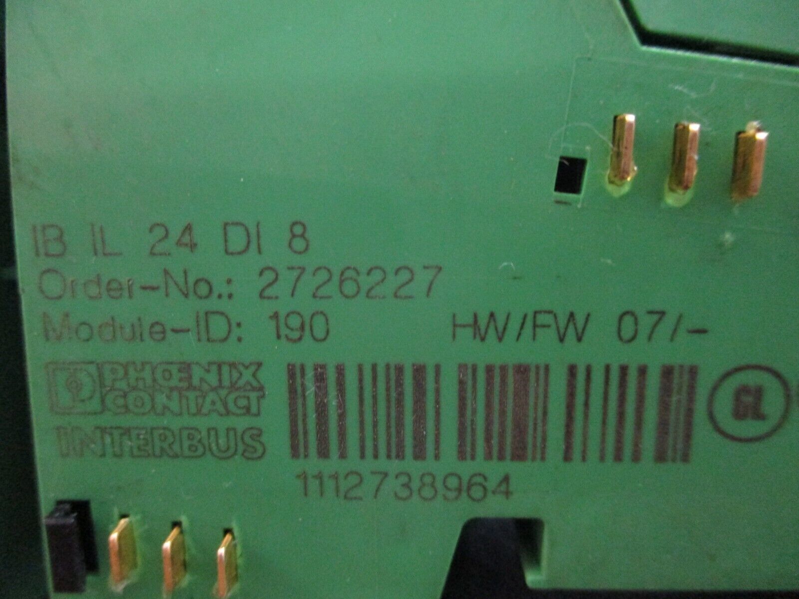 Phoenix Contact IBIL24DI8 Interbus Coupler 2726227 HW: 07 w/ Terminal Cover Used