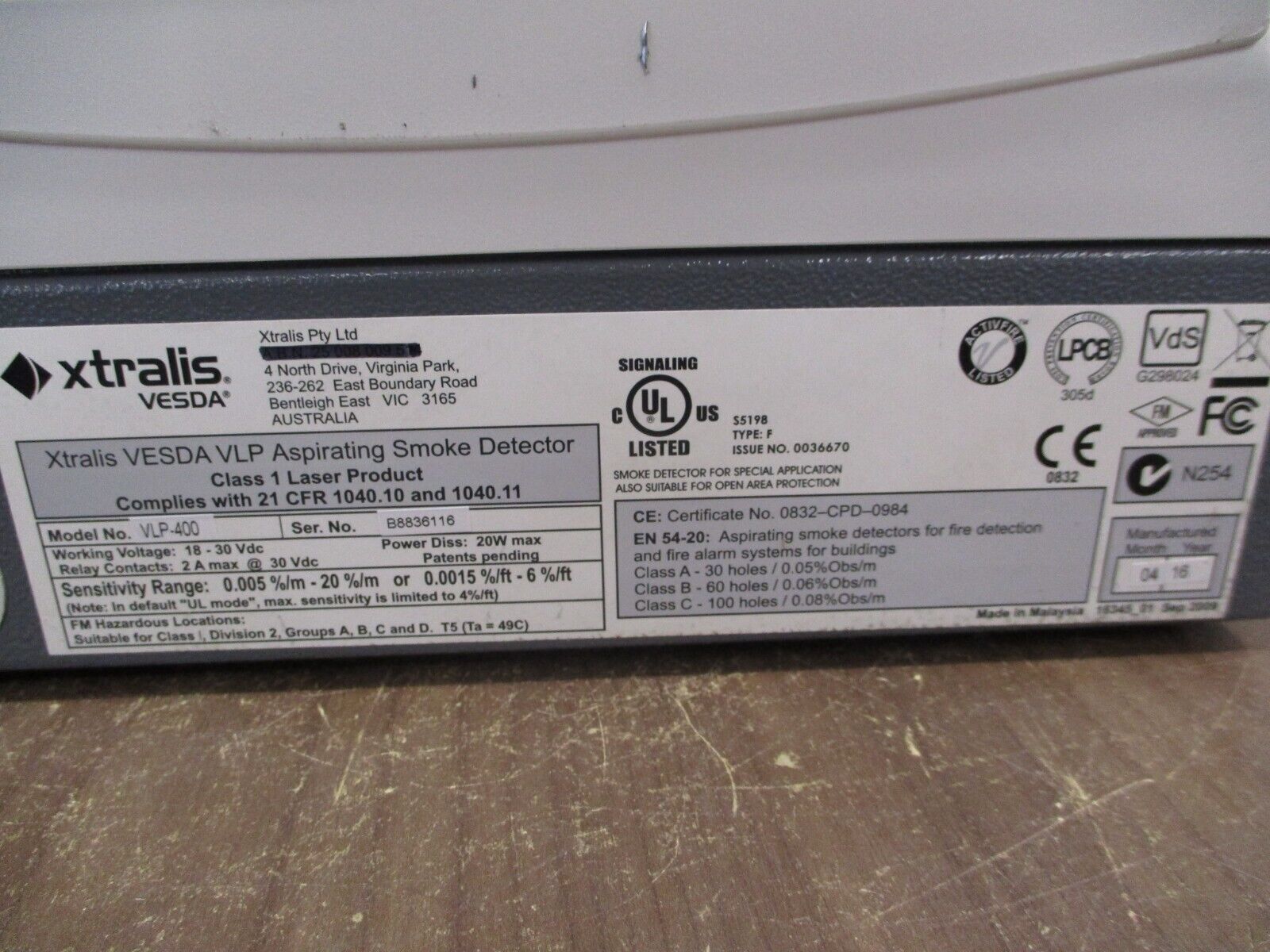 Xtralis Vesda VLP Aspirating Smoke Detector VLP-400 18-30VDC w/ Keypad Used