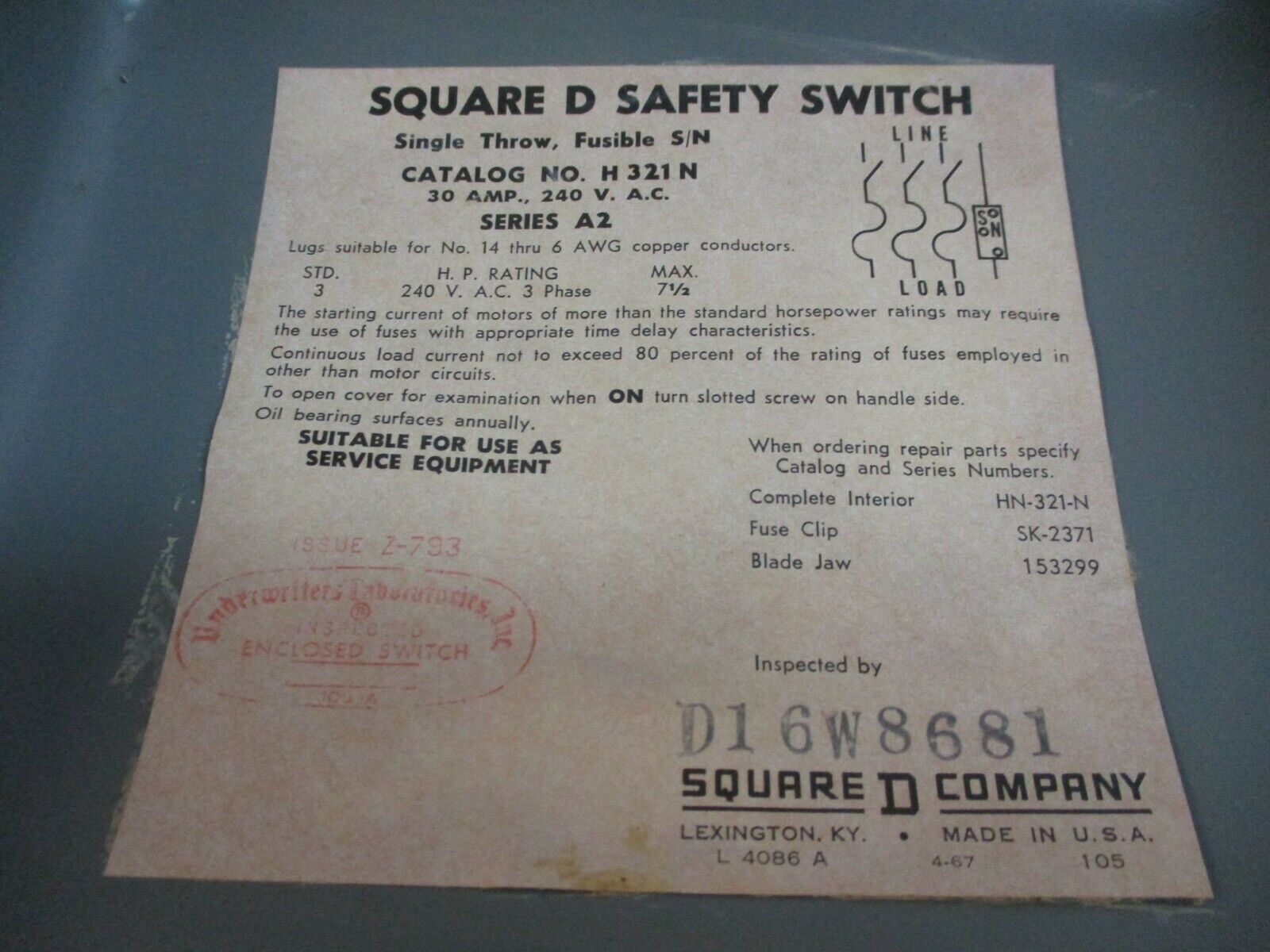 Square D Fusible Safety Switch/Disconnect H 321 N 30A 240V 3Ph Used