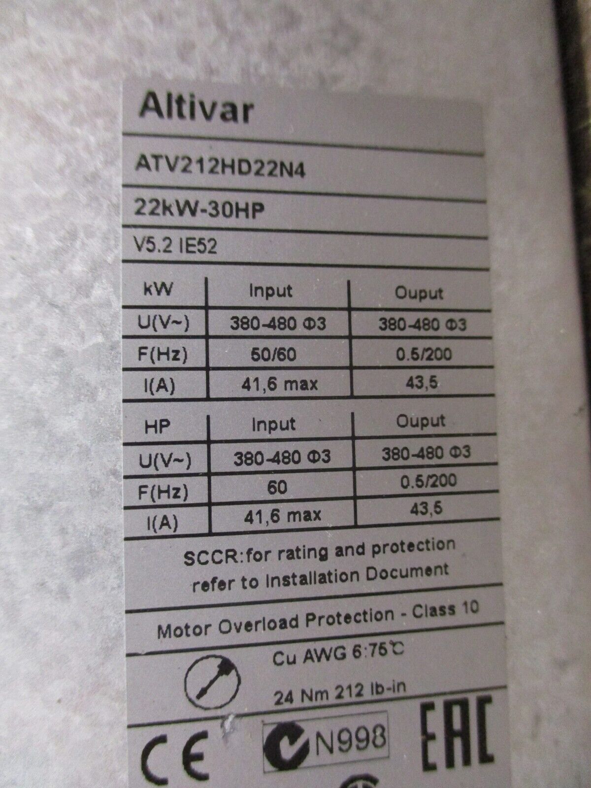 Schneider Electric Altivar AC Drive ATV212HD22N4 30HP 3Ph Used