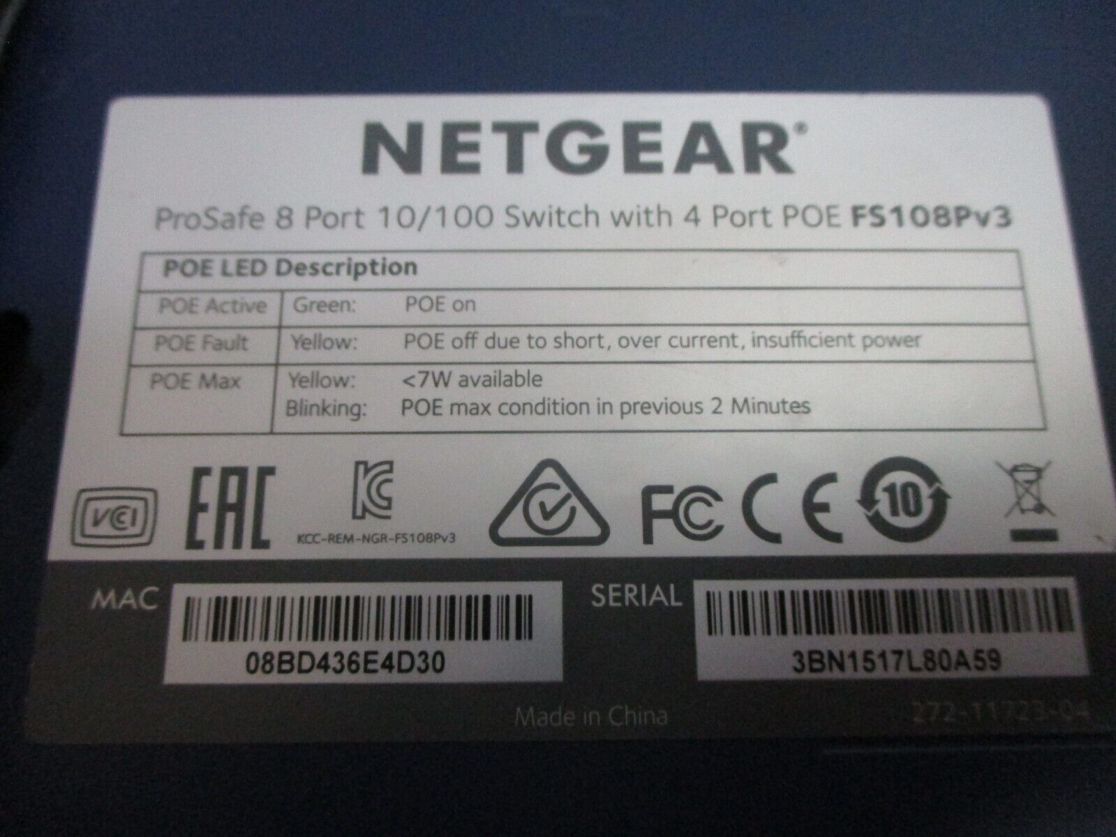 Netgear ProSafe 10/100 Switch w/ POE FS108V3 8-Port Total 4-Port POE Used