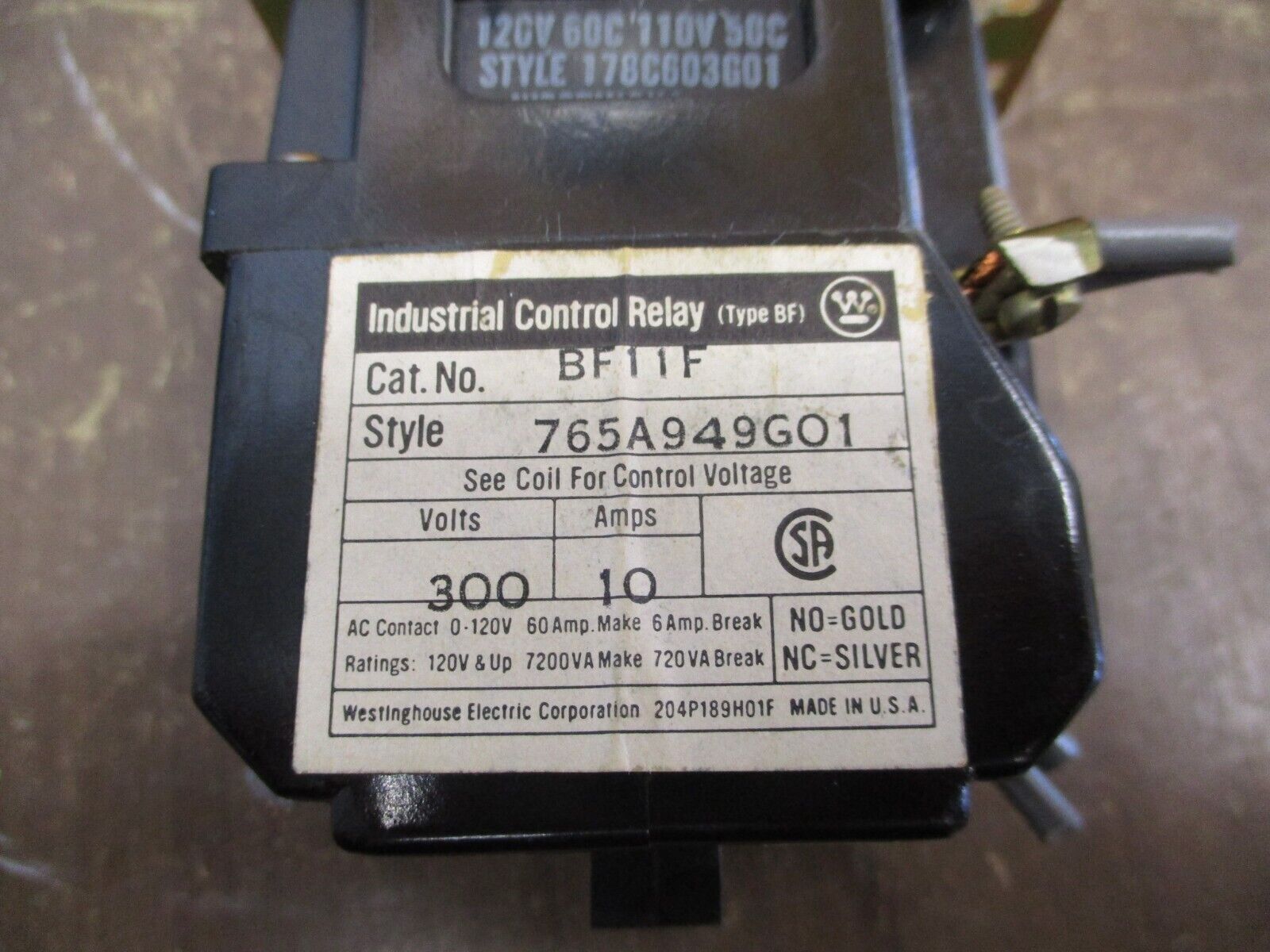 Westinghouse Control Relay BF11F Style: 765A949G01 120V Coil 10A 300V Used