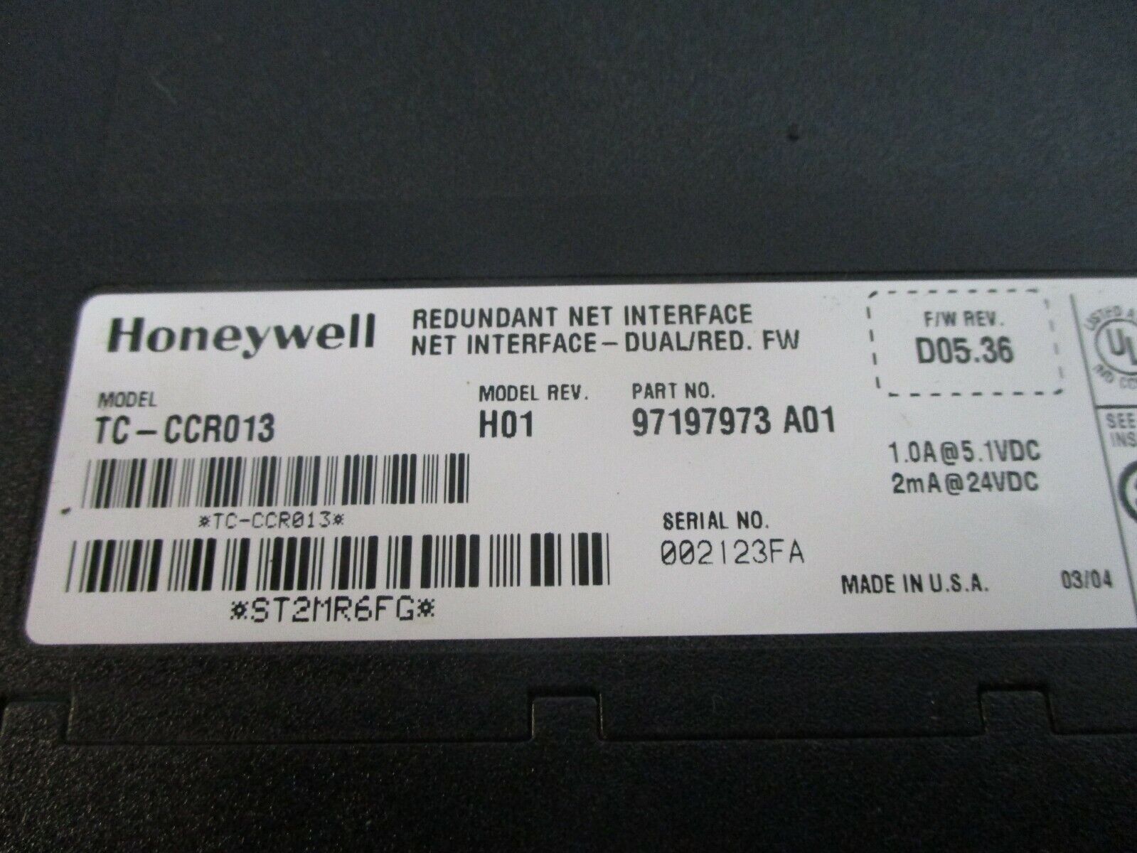 Honeywell Redundant Net Interface TC-CCR013 Rev. H01 F/W Rev. D05.36 Dual/Red FW