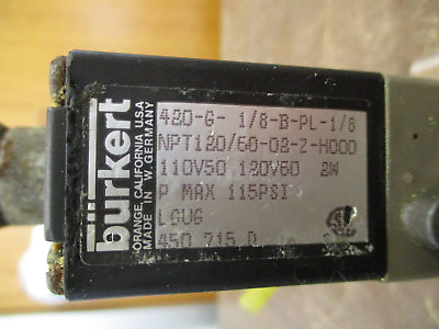 Burkert Solenoid Valve 420-G-1/8-B-PL-1/8 120V Coil 115PSI Used