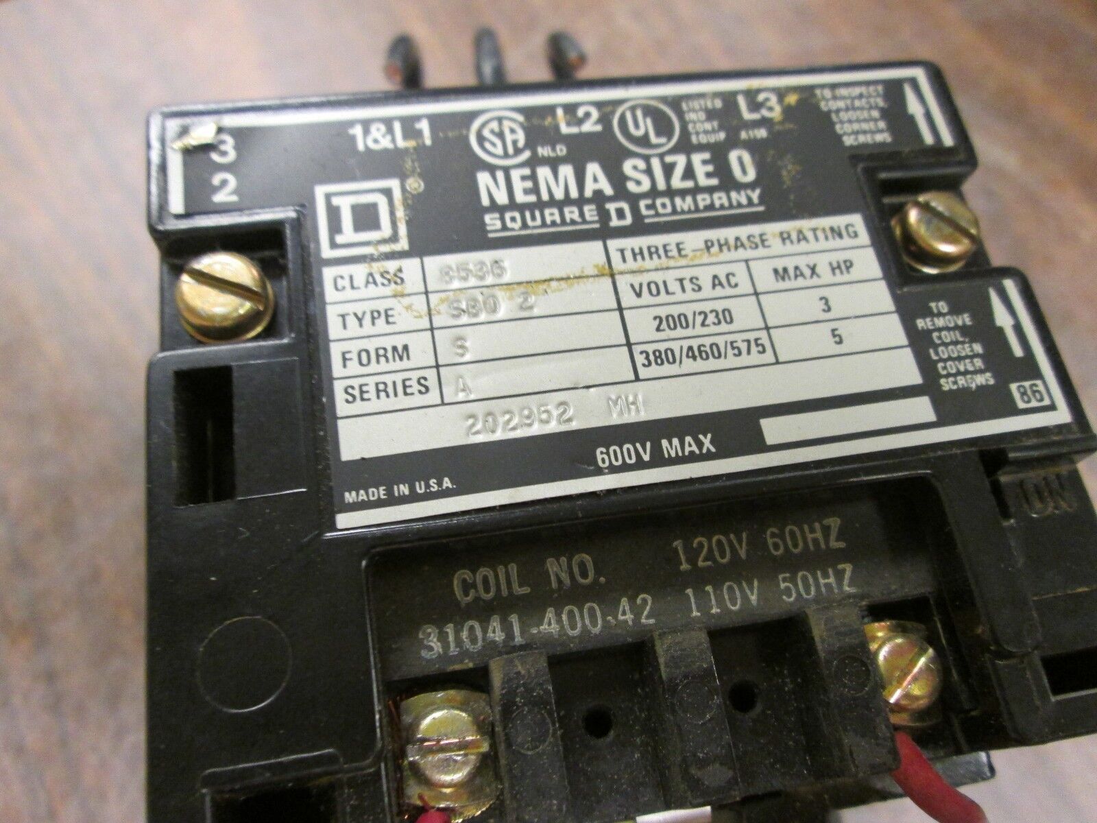 Square D Starter 8536 SB02 120V Coil Size 0 600V Used