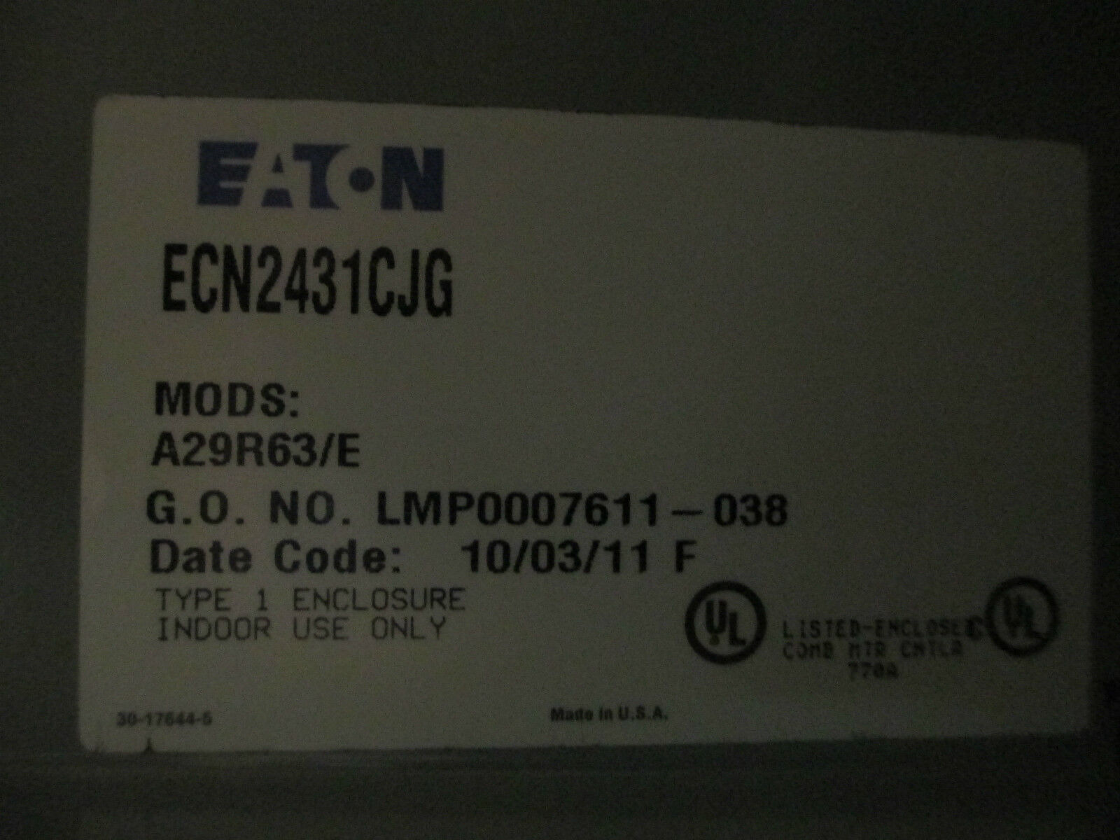 Cutler-Hammer Combination ECN2431CJG, Size 3 Non-Fusible 100A, New Surplus