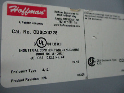 Hoffman Concept Disconnect Enclosure CDSC20228 Type 4, 12 30A 600V Fusible Used