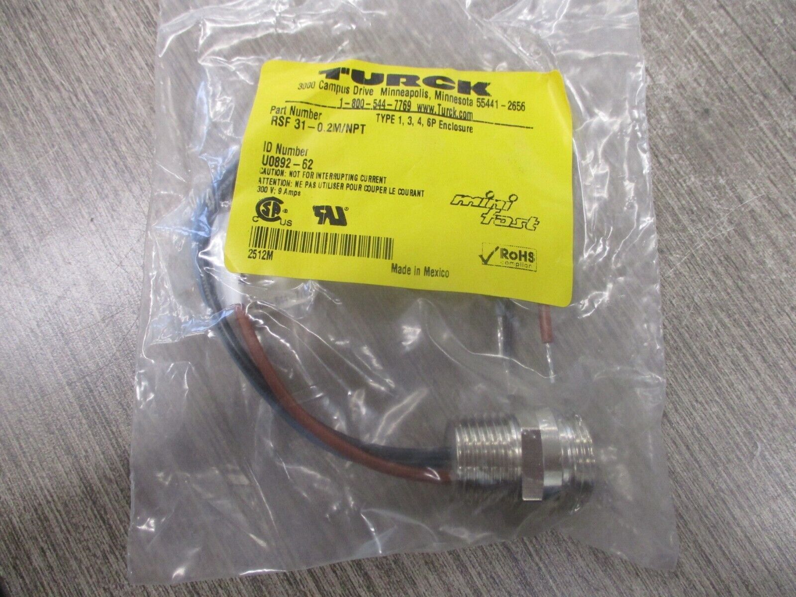 Turck Connector RSF 31-0.2M/NPT 300V 9A Type 1, 3, 4, 6P Enclosure New Surplus