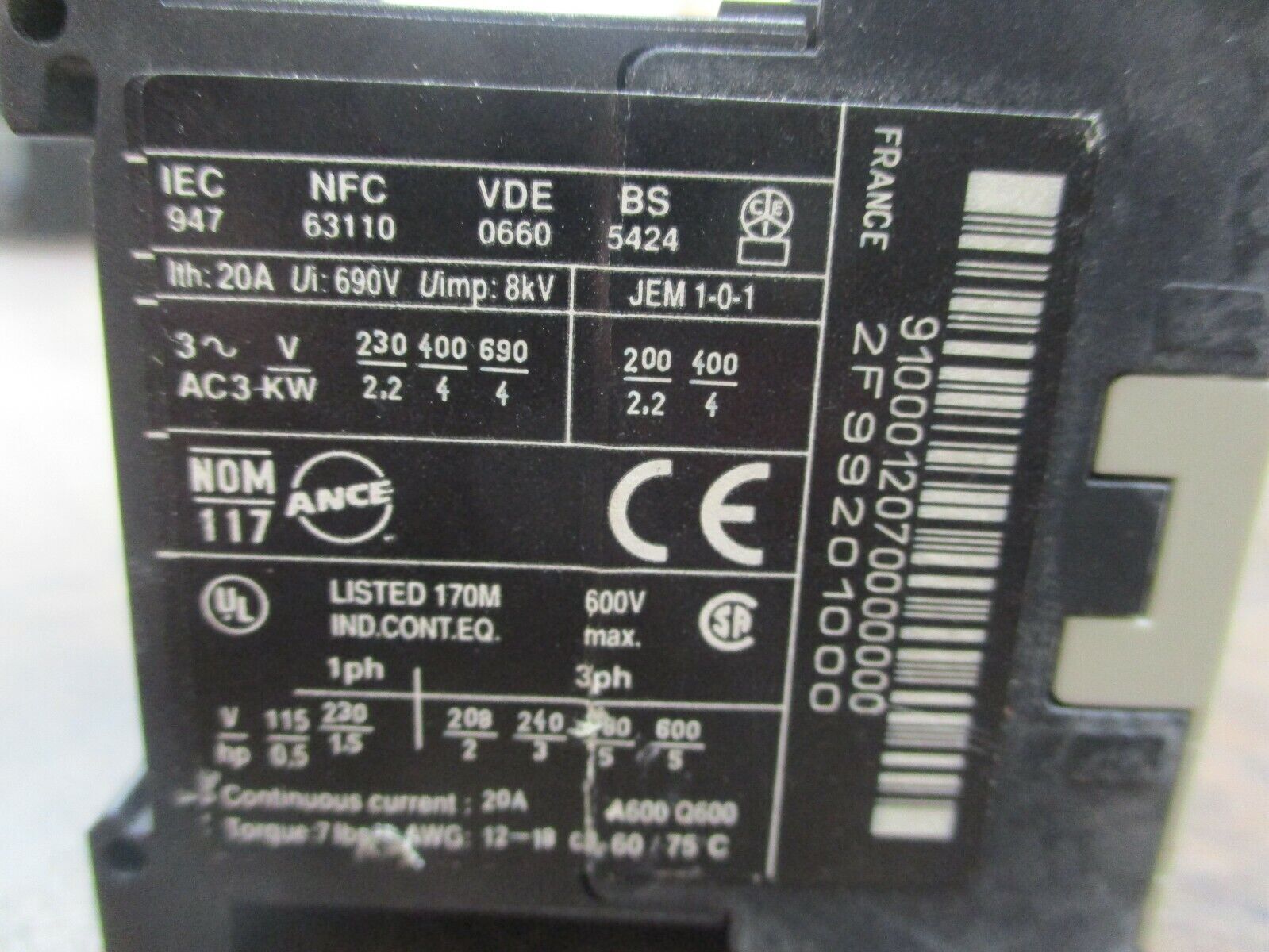 Telemecanique Contactor LC1K 0910 G7 120V Coil 20A 600V Used