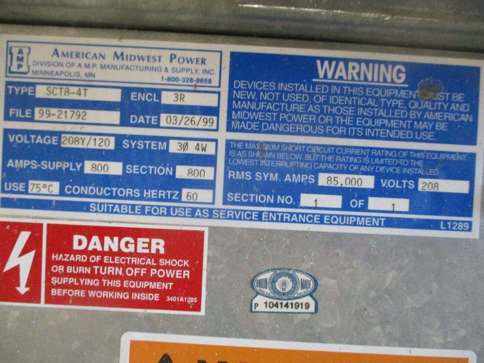 AMP 3R Service Entrance SCT8-4T 800A 208Y/120V 3Ph 4W Used