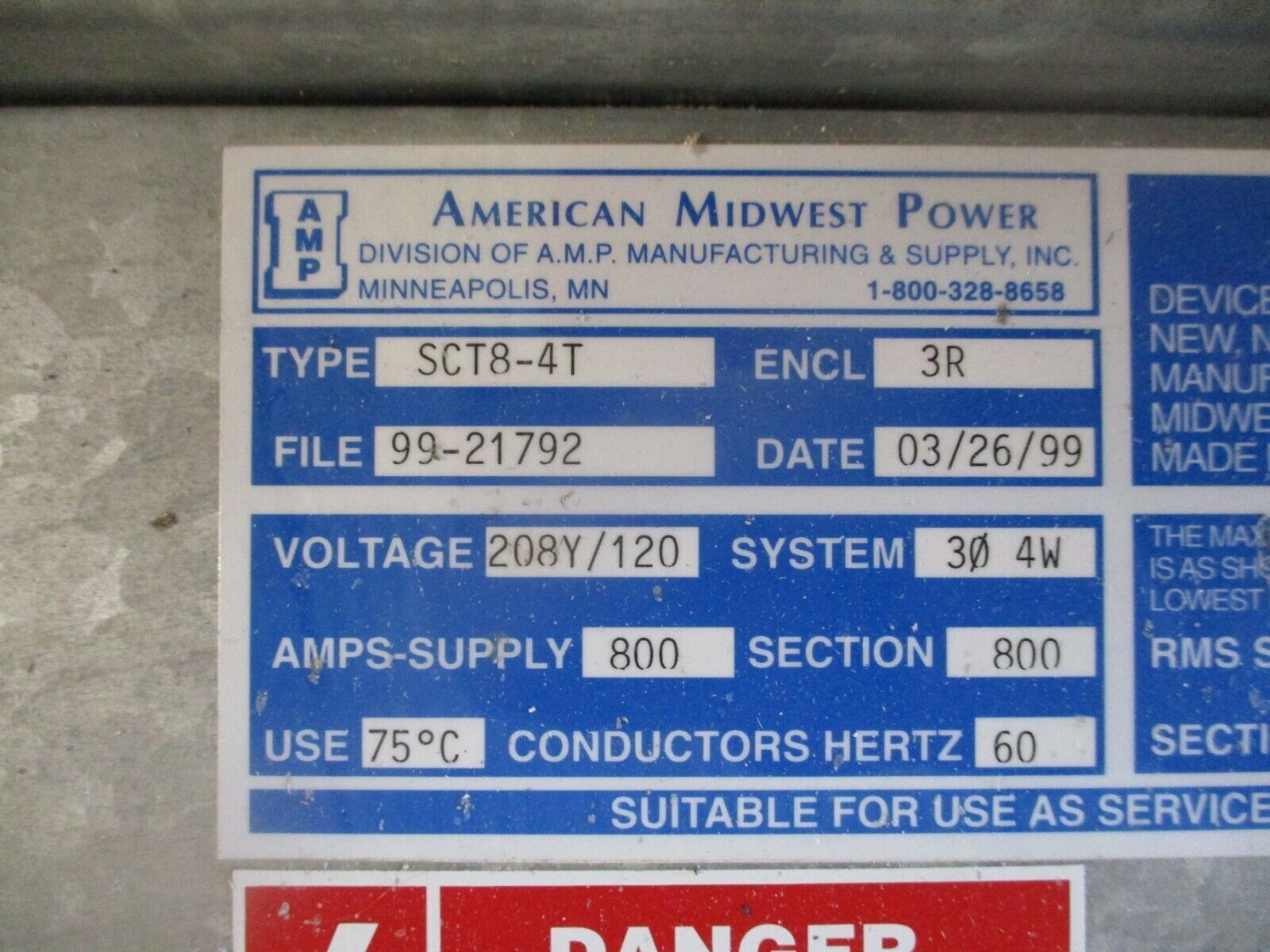 AMP 3R Service Entrance SCT8-4T 800A 208Y/120V 3Ph 4W Used