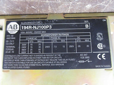 Allen-Bradley Fusible Disconnect Switch 194R-NJ100P3 Ser. B 100A 600V 3Ph Used
