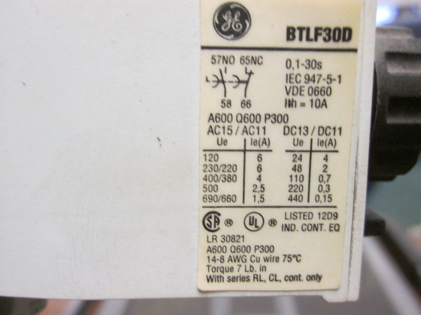 GE Pneumatic Timer BTLF30D with Contact RL4RA004T Range .1-30 120V Coil