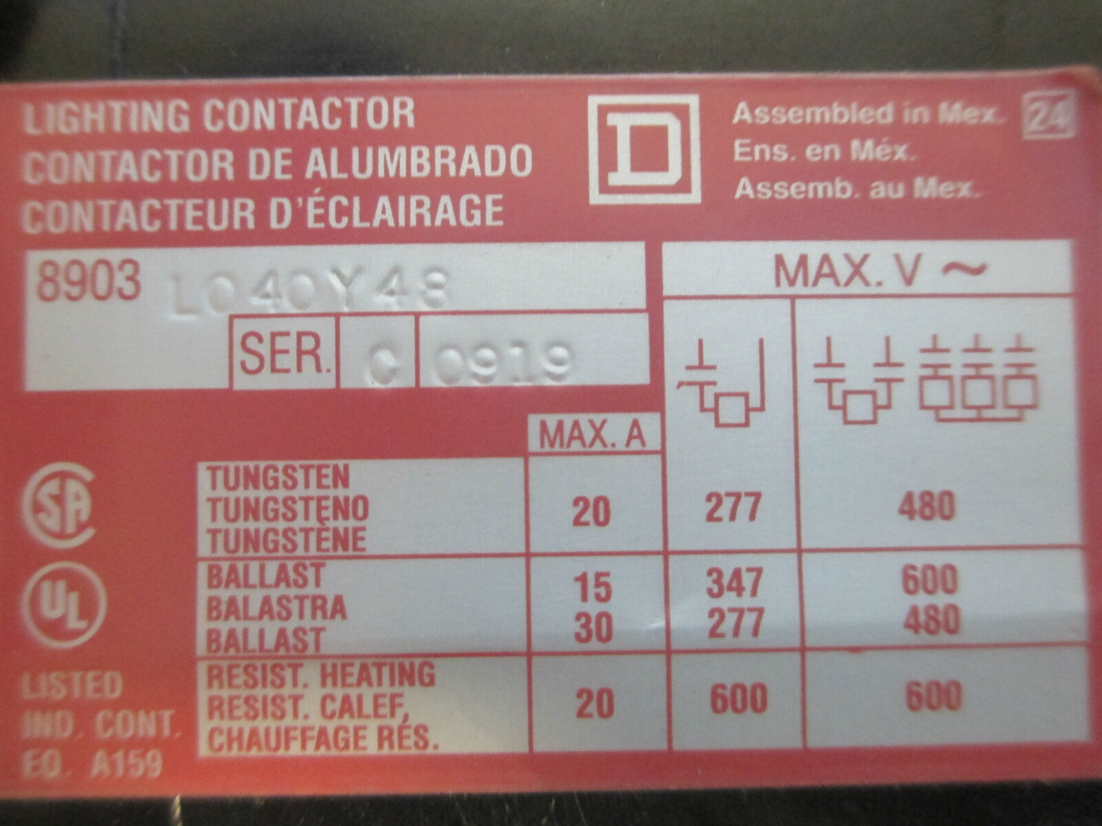 Square D Lighting Contactor 9803LO40Y48, 4Pole Used