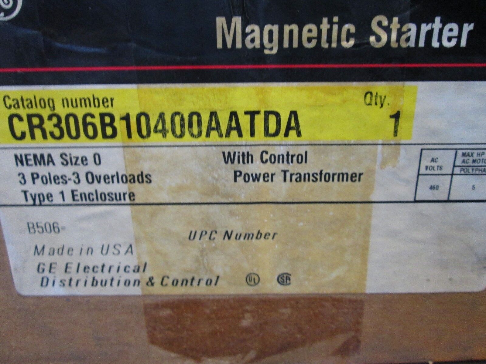 GE Enclosed Starter CR306B10400AATDA Size 0 3P Nema 1 w/ Control Transformer New