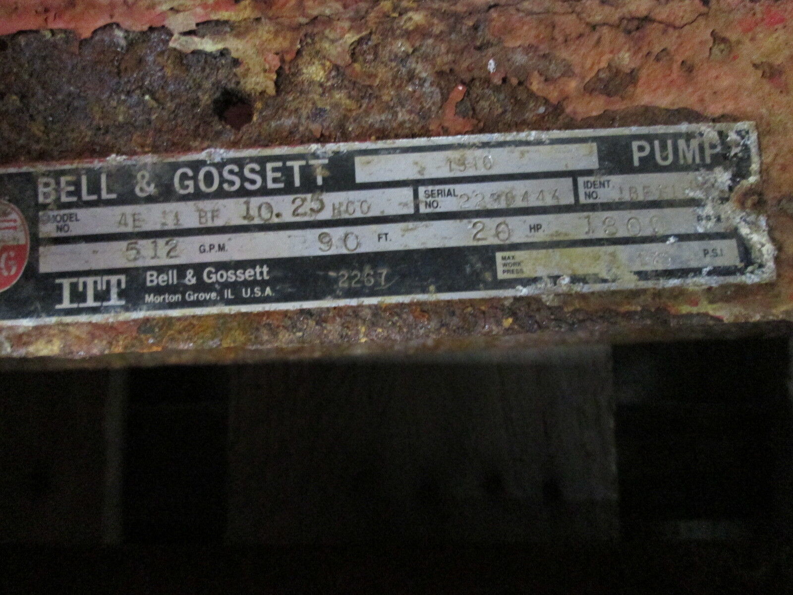 Bell & Gossett Pump 4E 11 BF 10.25 HOO 20HP 1800RPM 512GPM 90FT Head Used