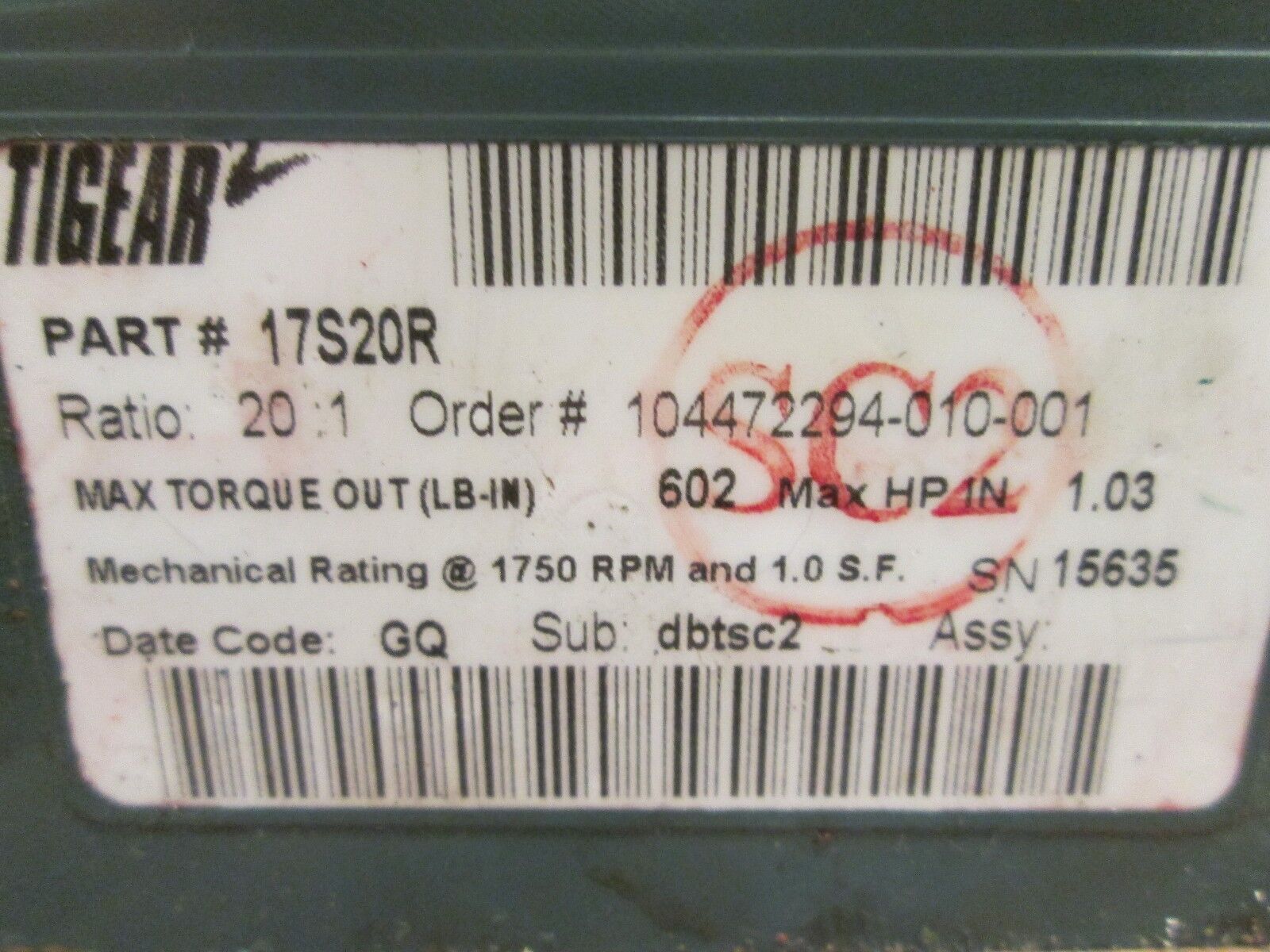 Dodge Tigear 2 Reducer 17S20R Ratio 20:1 1.03 HP IN 602 LB-IN Torque Out