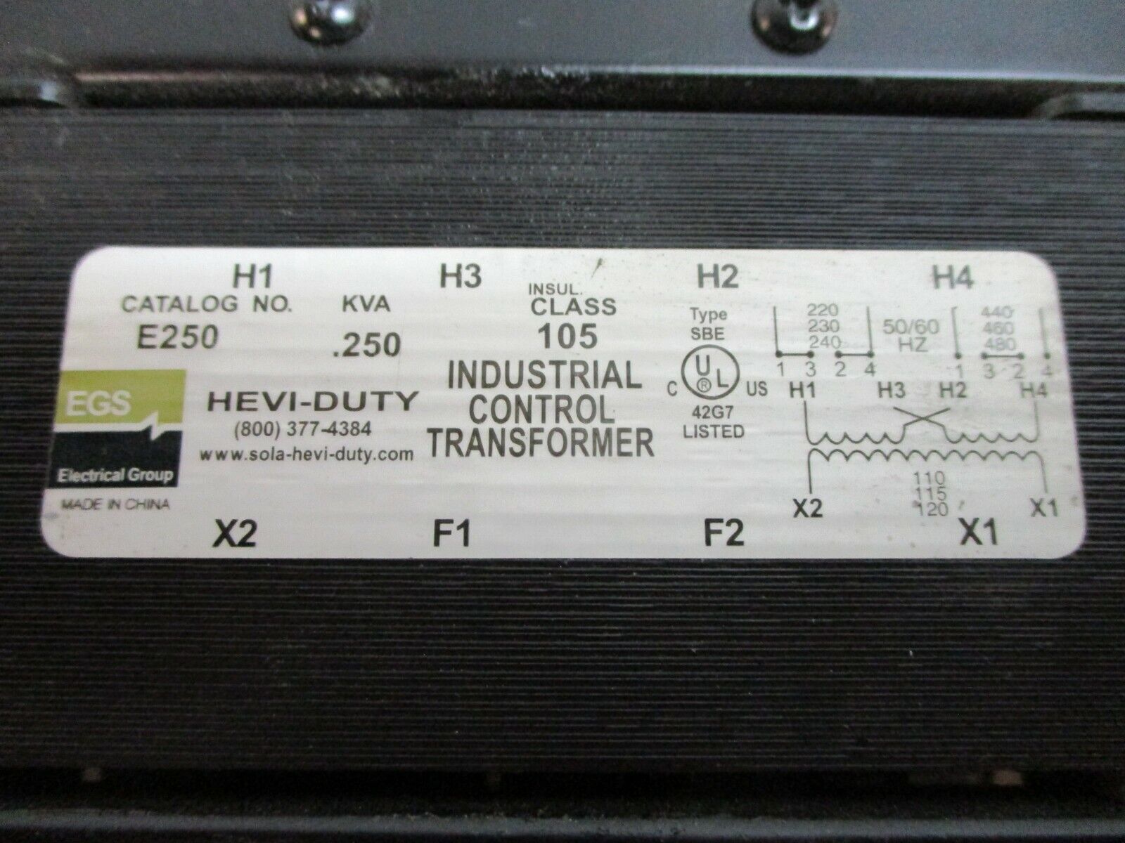 Hevi-Duty Control Transformer E250 0.250kVA Pri: 240/480V Sec: 120V 50/60Hz Used