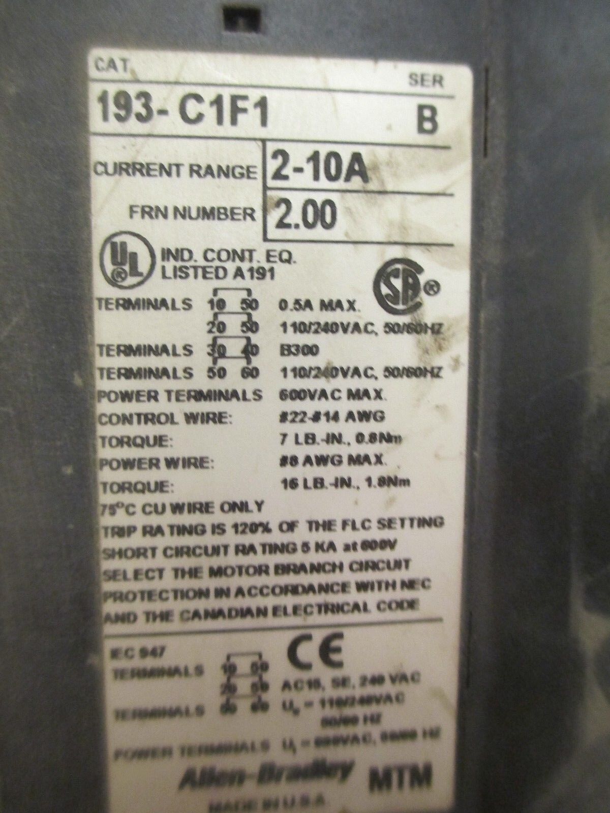 Allen-Bradley SMP-3 Solid Overload Relay 193-C1F1 2-10A Used