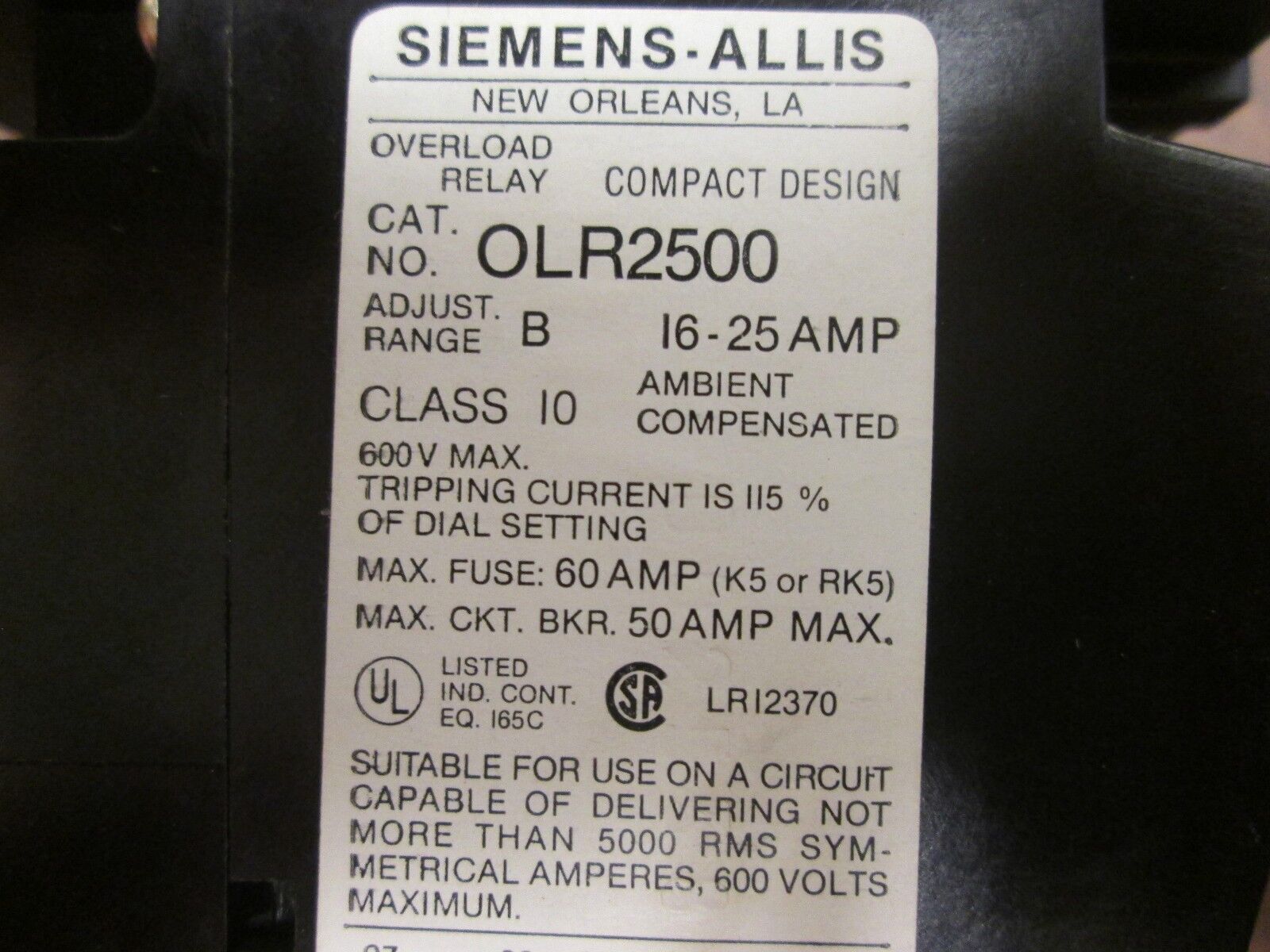 Siemens Solid State Overload OLR2500 Range: 16-25A Used