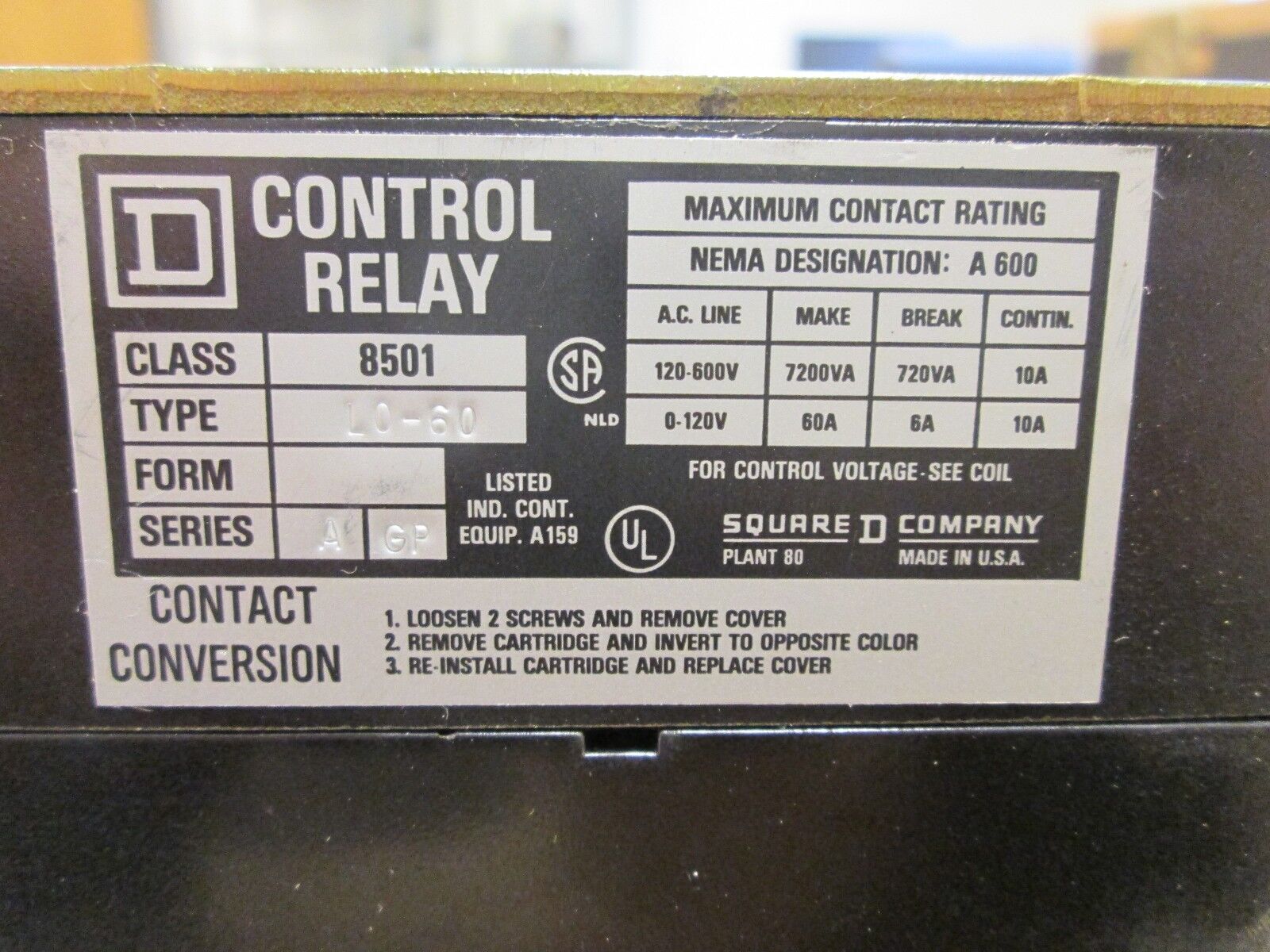 Square D Control Relay 8501 L0-60 120V Coil 50/60Hz Used
