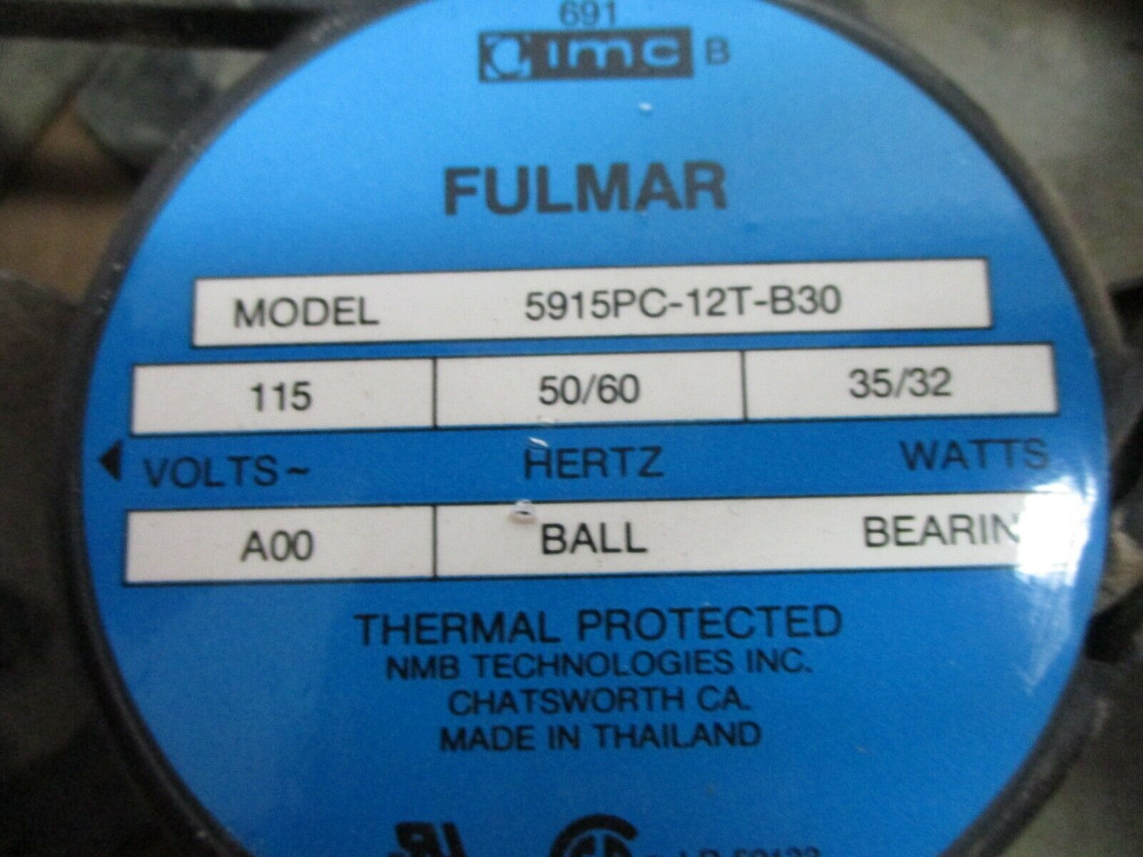 NMC Fulmar Axial Fan 5915PC-12T-B30 115V 50/60Hz 35/32W Used