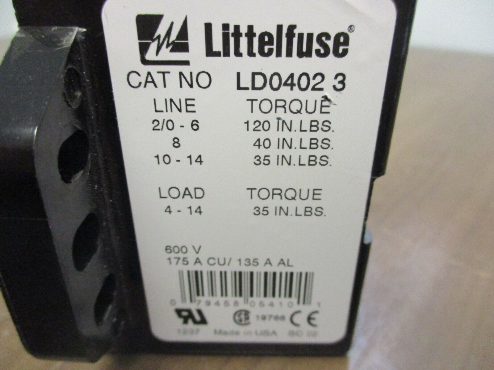 Littelfuse Power Distribution Block LD0402 3 175A 600V 3P *No Cover* Used