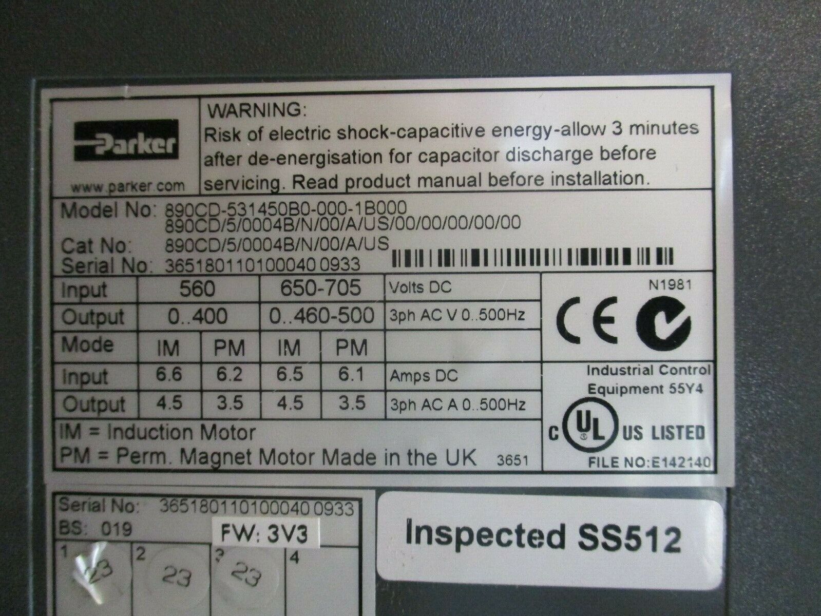Parker Common DC Bus Drive 890CD/5/0004B/N/00/A/US 2HP FW: 3V3 Used