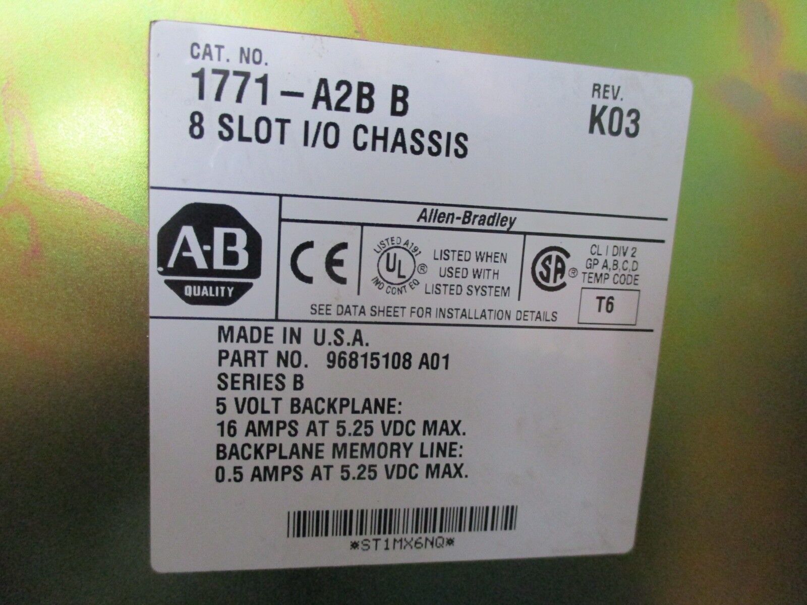 Allen-Bradley 8-Slot I/O Chassis 1771-A2B B Rev. K03 Used