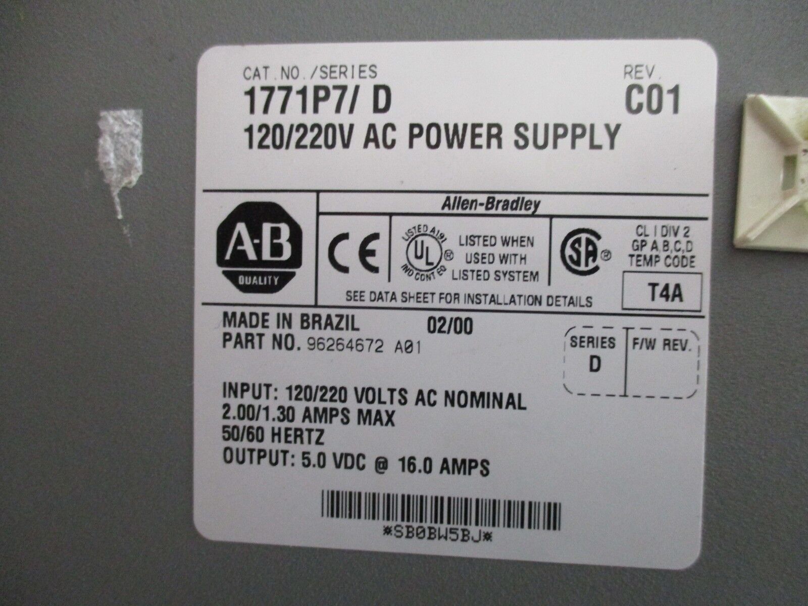 Allen-Bradley Power Supply 1771-P7/D Rev. C01 Output: 5VDC 16A Used