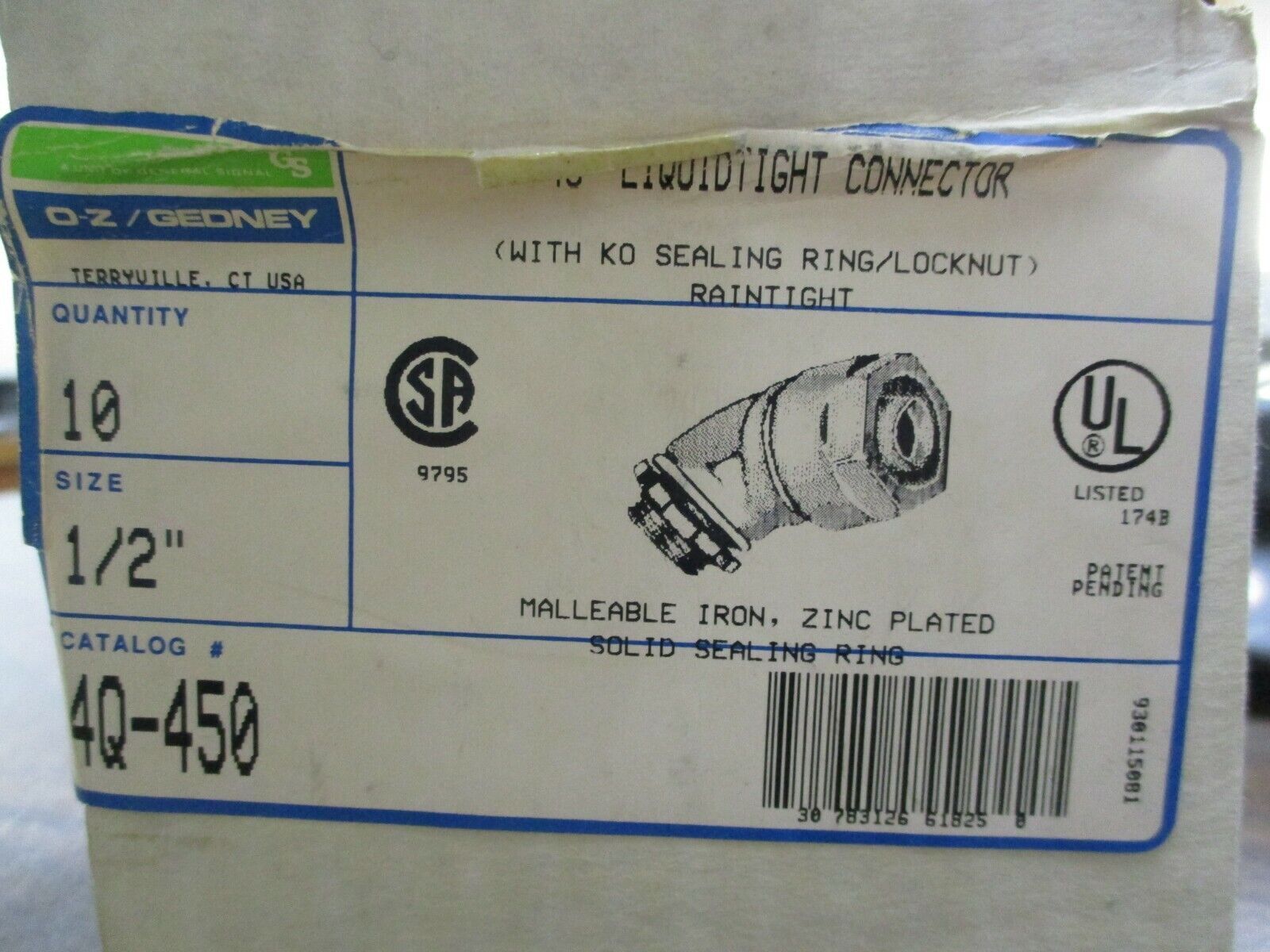 O-Z/Gedney 45° Liquidtight Connector 4Q-450 1/2" Iron, Zinc Plated *Box of 10*