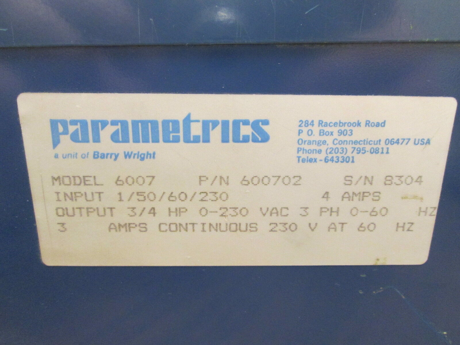 Parametrics FHP Parajust AC Motor Speed Control 600702 3/4HP Used