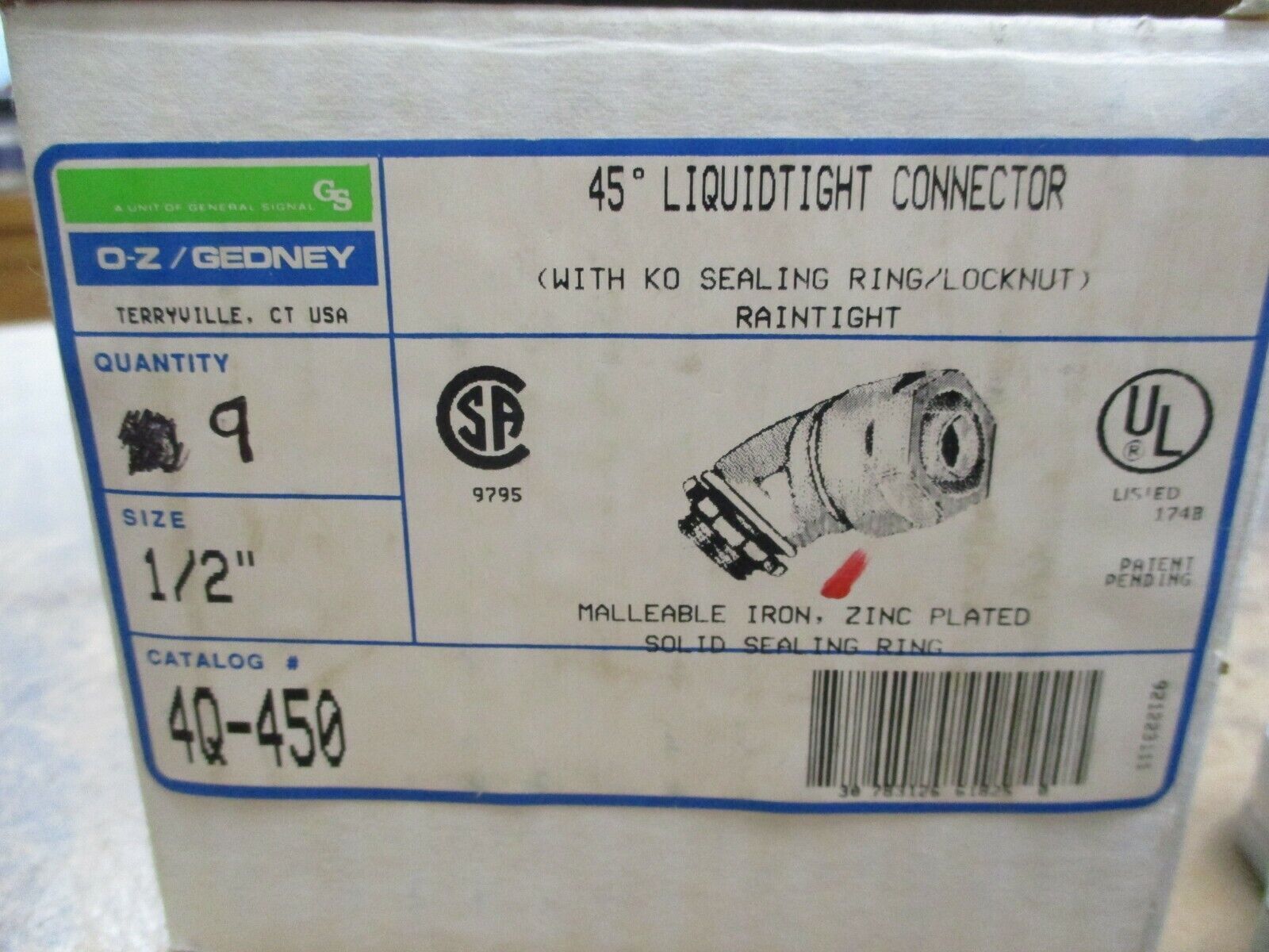 O-Z/Gedney 45° Liquidtight Connector 4Q-450 1/2" Iron, Zinc Plated *Box of 9*