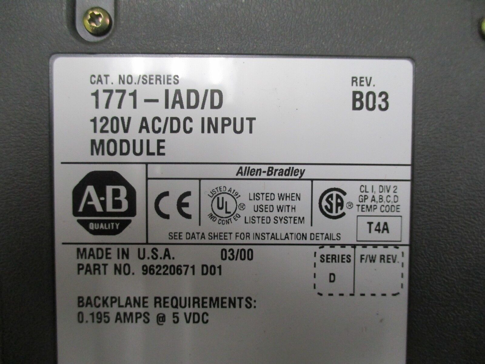 Allen-Bradley AC/DC Input Module 1771-IAD/D Rev. B03 120V Used