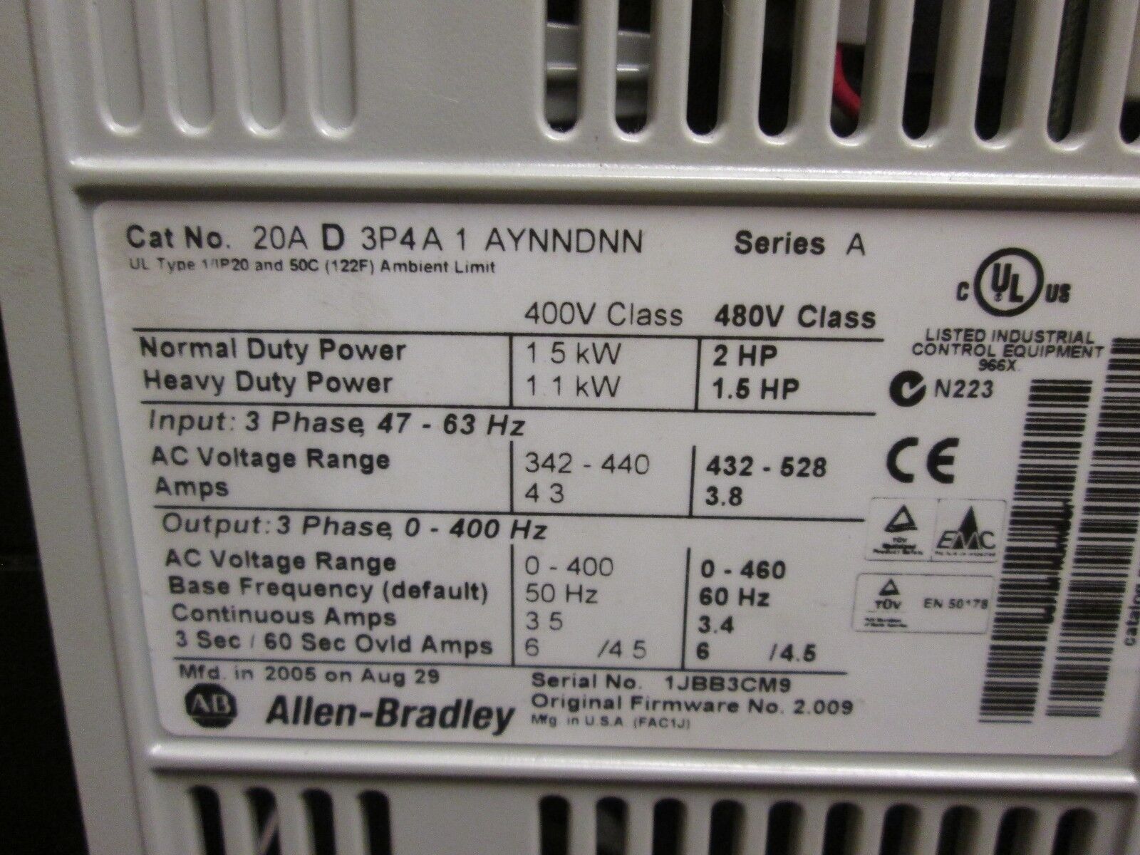 Allen-Bradley PowerFlex 70 AC Drive 20AD3P4A1AYNNDNN 2HP 3Ph Used